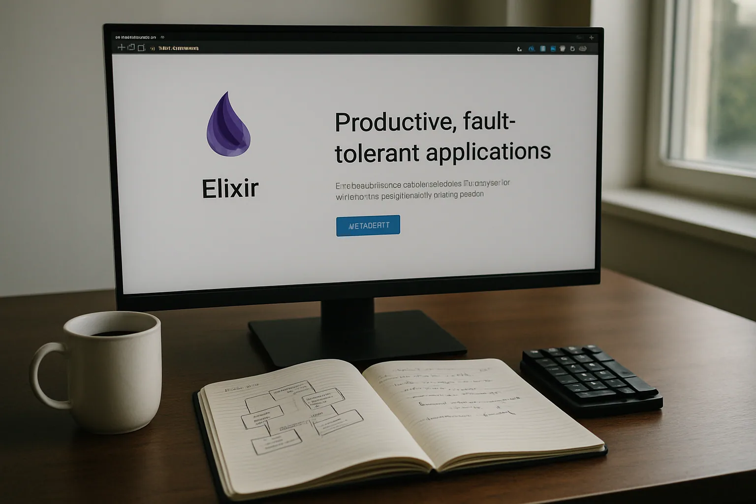 Una pantalla muestra la nueva página de Elixir junto a una taza de café y notas de arquitectura de software sobre un escritorio de trabajo.