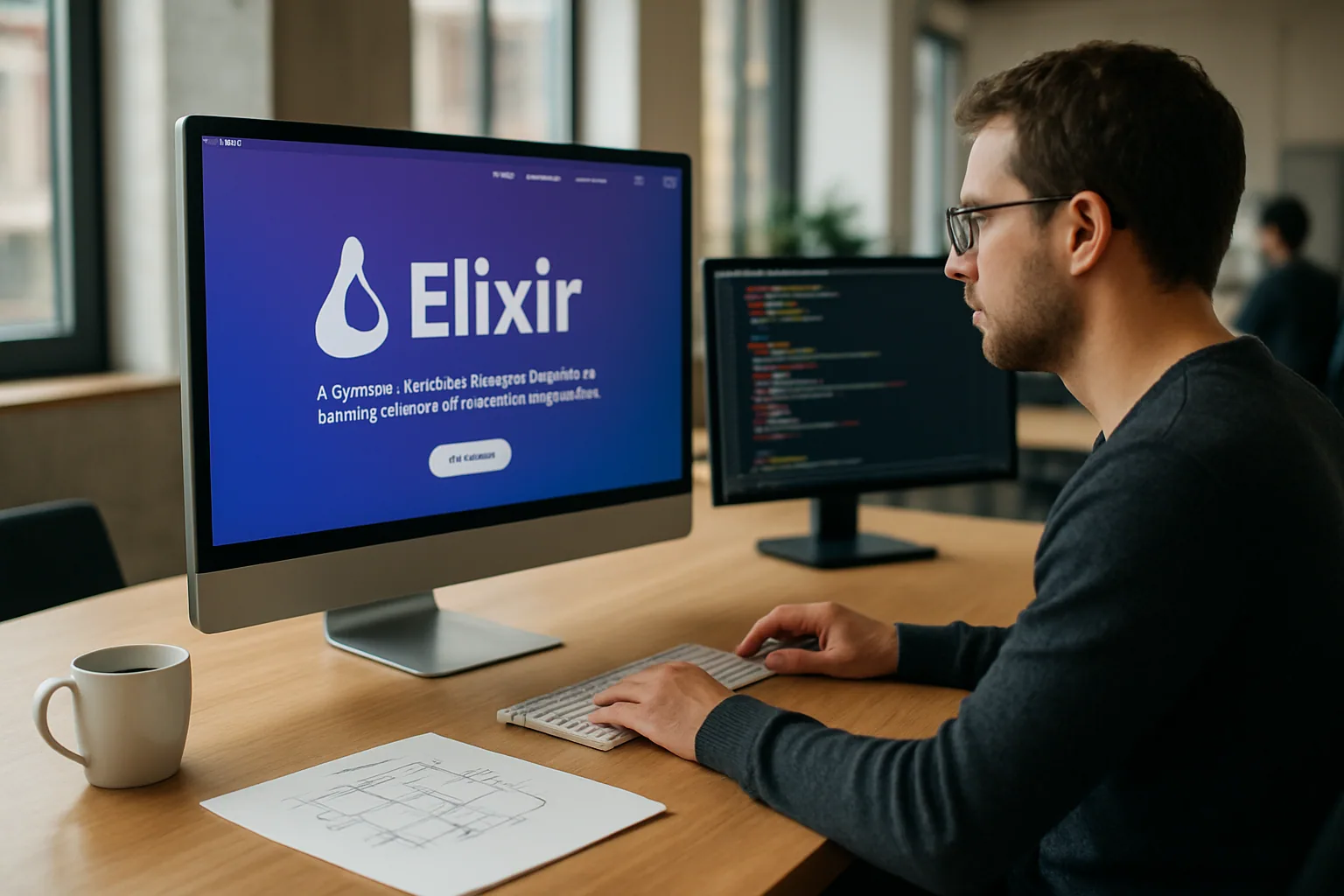 Una persona revisa en una pantalla de escritorio la nueva página de Elixir mientras tiene abierto un editor de código y notas técnicas al lado.
