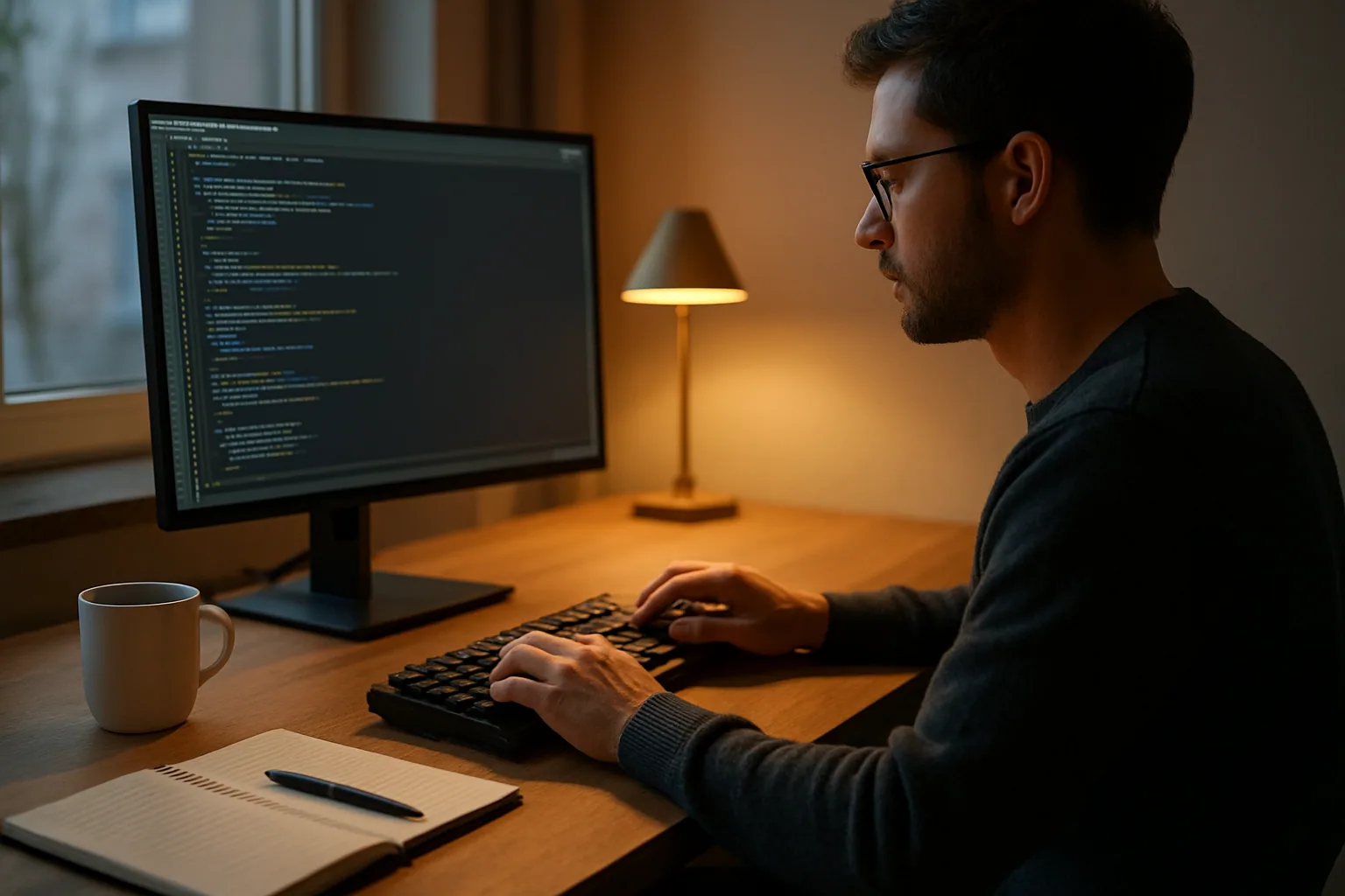 Una persona trabaja en un escritorio con un monitor mostrando una configuración de Emacs en tema oscuro, rodeada de teclado mecánico, libreta y una taza de café.