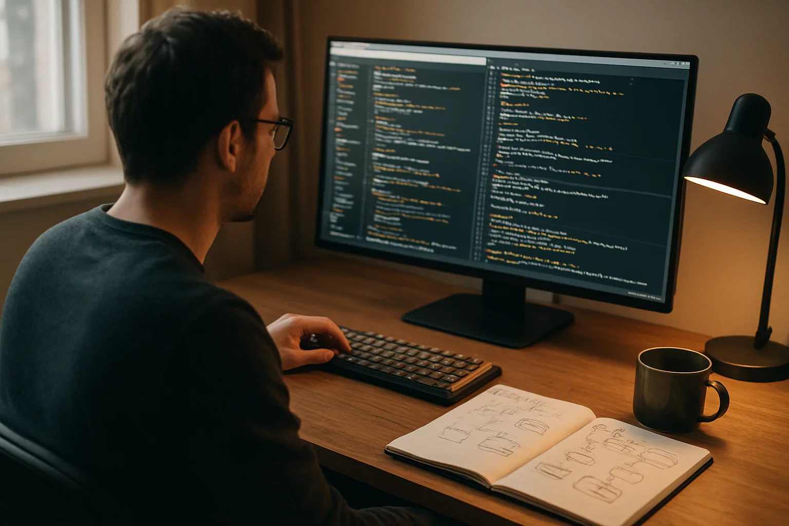 Persona frente a una terminal con Emacs abierto en una pantalla grande, rodeada de notas técnicas, una libreta y una taza de café en una mesa de trabajo sobria.
