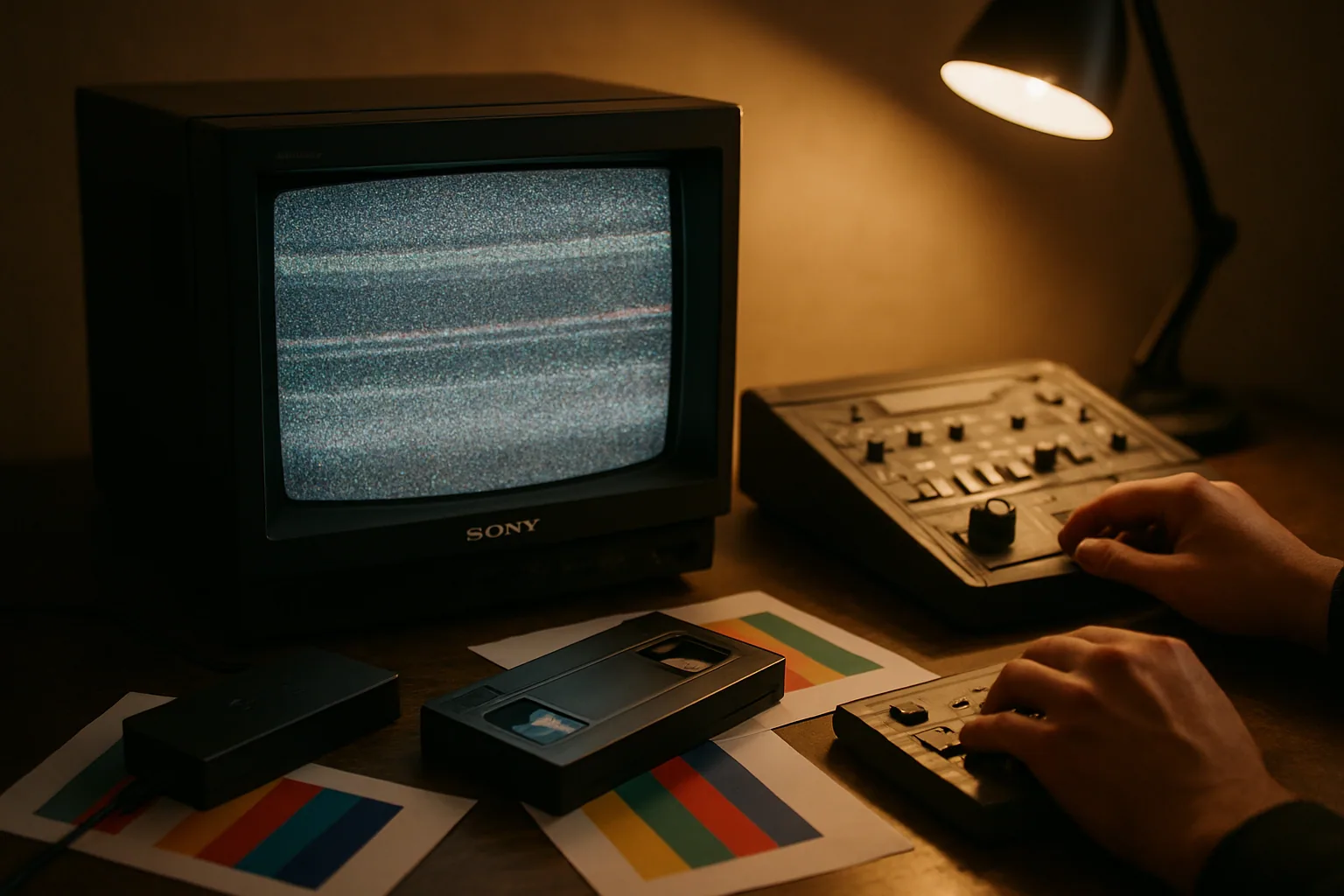 Un monitor CRT mostrando ruido de señal, bandas de color desalineadas y distorsión VHS en una mesa de trabajo con equipo de edición alrededor.