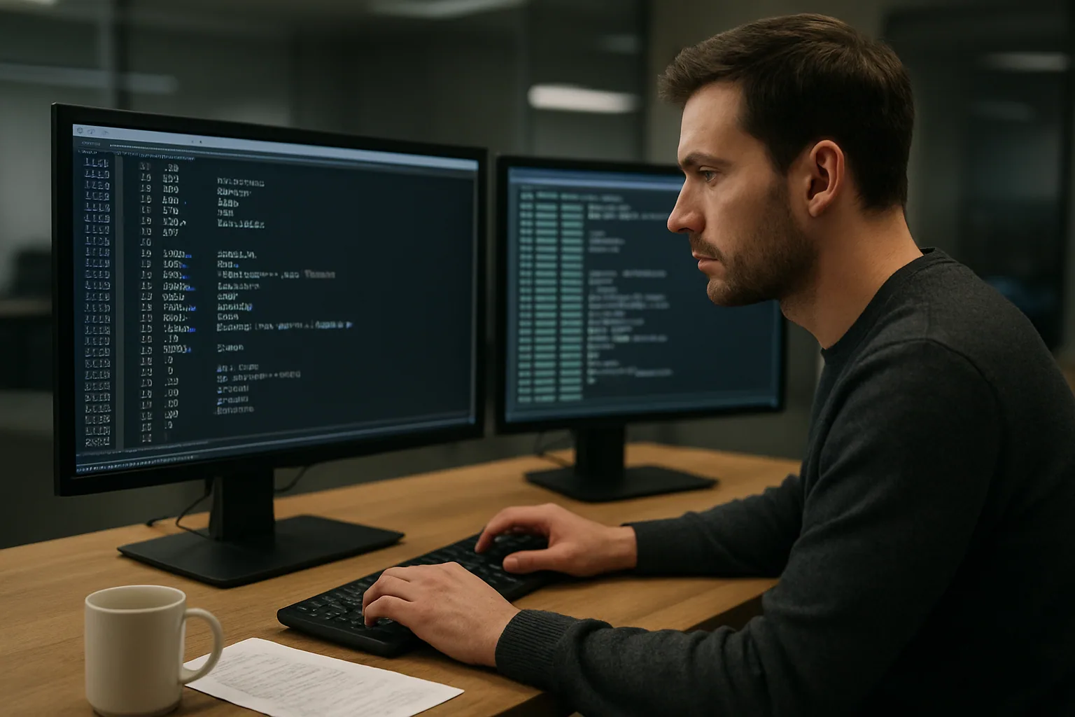 Un ingeniero revisa un sistema de depuración mientras una ventana de emulación x86 muestra trazas de ejecución y código ensamblador en una estación de trabajo.
