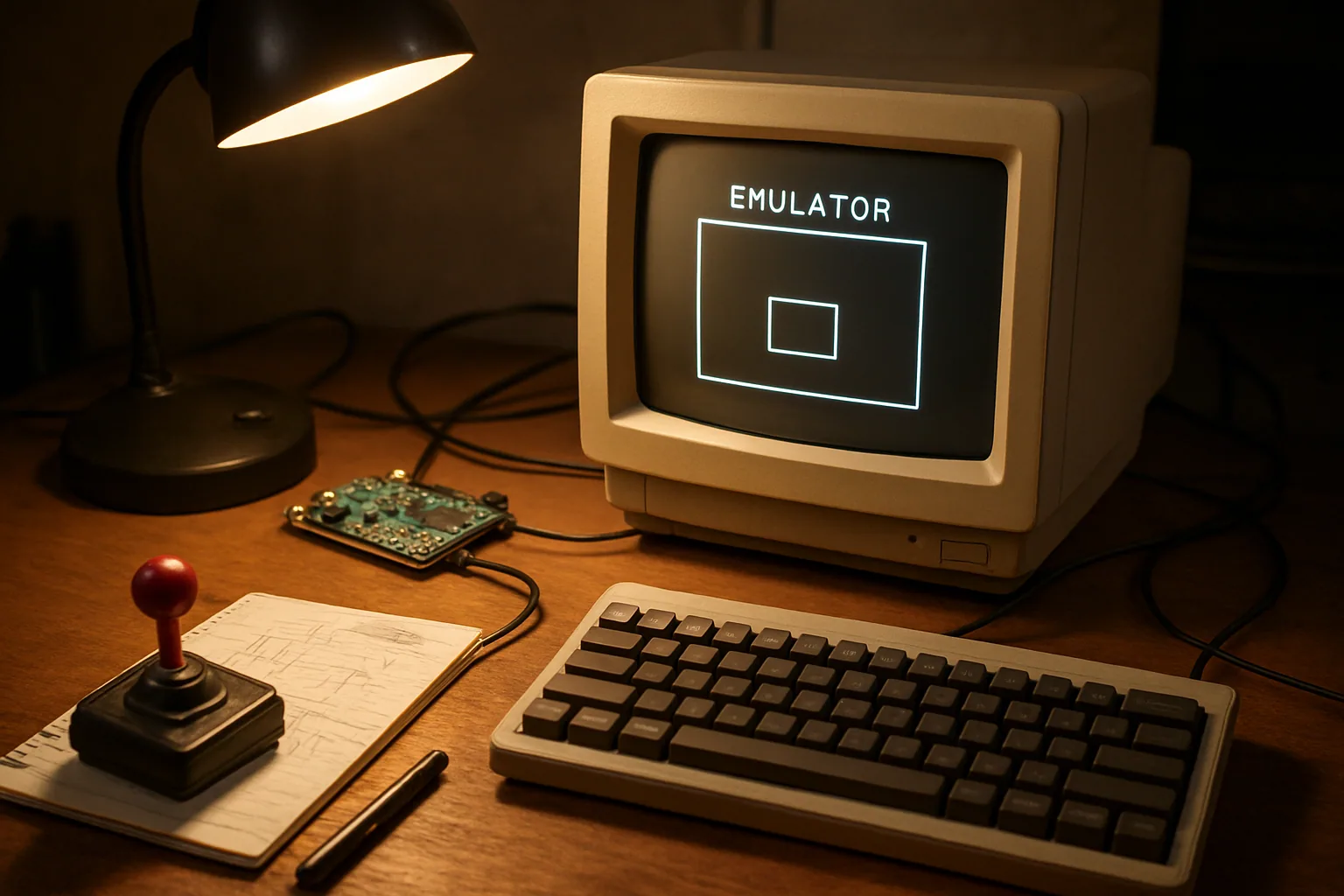 Una mesa con una placa retro, un monitor mostrando una interfaz de emulación y herramientas de desarrollo alrededor, en una escena de laboratorio técnico.