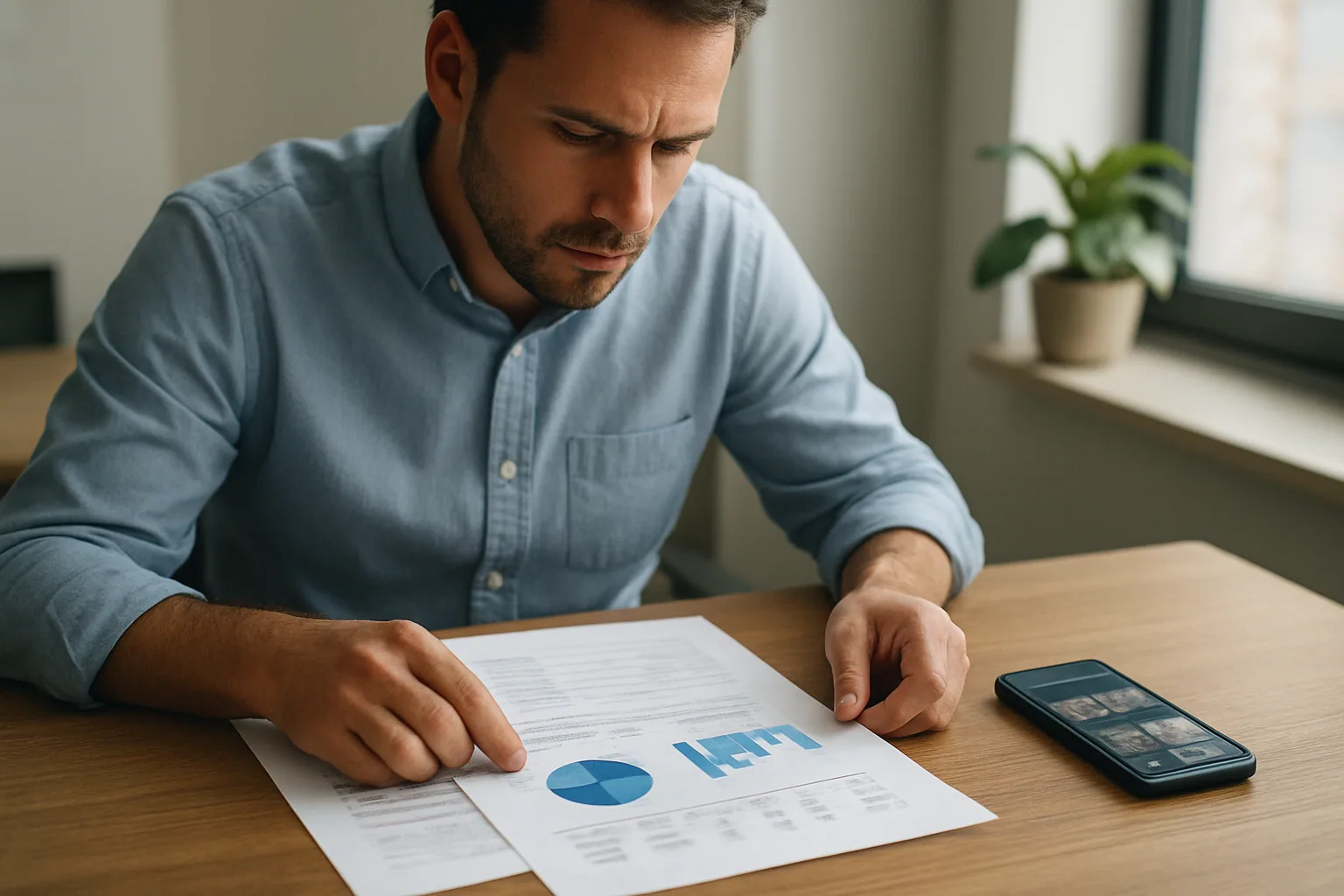 Una persona revisa en una mesa de trabajo un informe financiero impreso junto a un teléfono con una app de fotos privadas abierta.