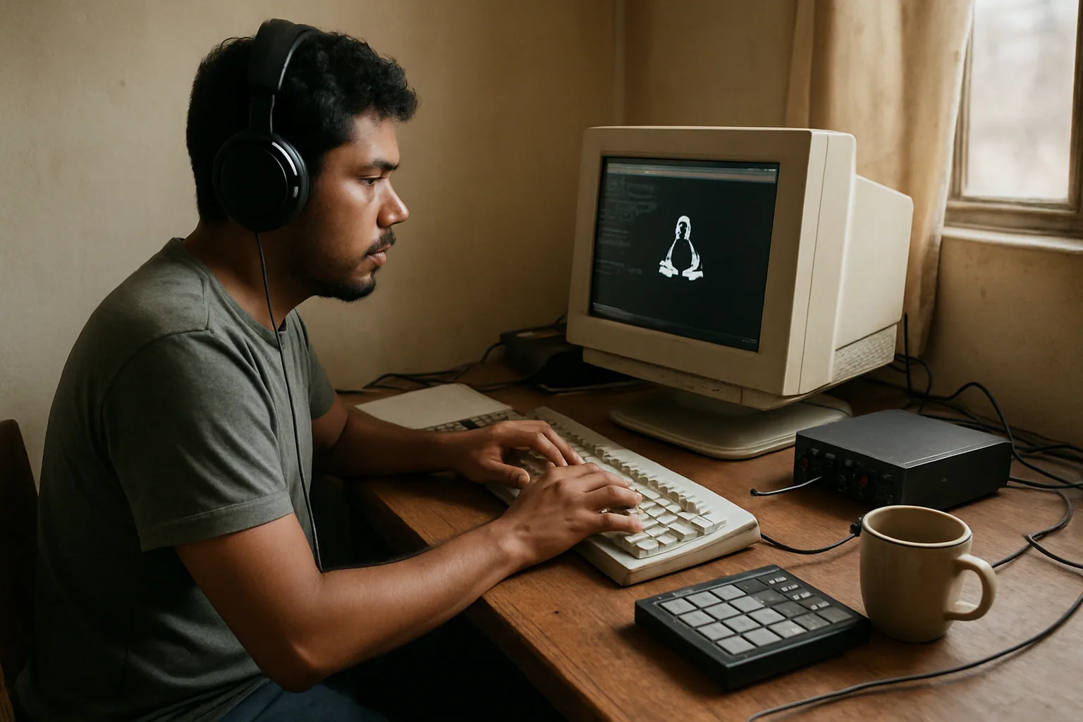 Una persona trabaja frente a una PC de escritorio Linux antigua con monitor, teclado mecánico y una interfaz de audio sobre un escritorio sencillo.