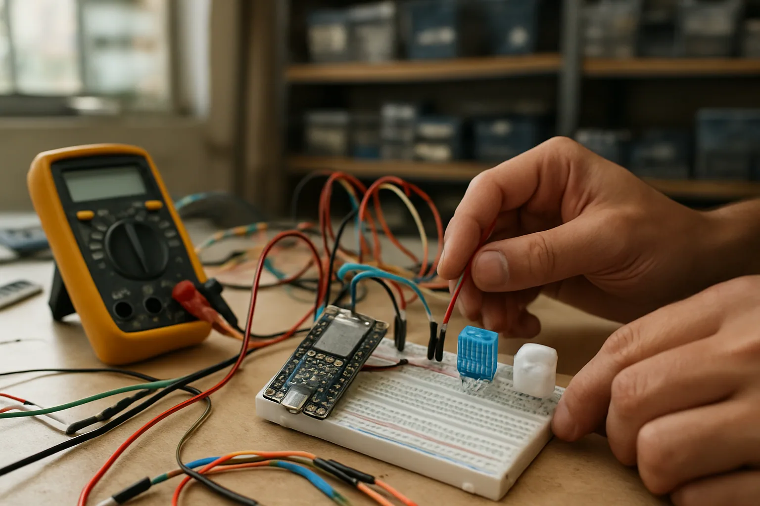 Un módulo de desarrollo basado en ESP32-S31 sobre una mesa técnica junto a sensores, cables y una placa de pruebas en un laboratorio de electrónica.