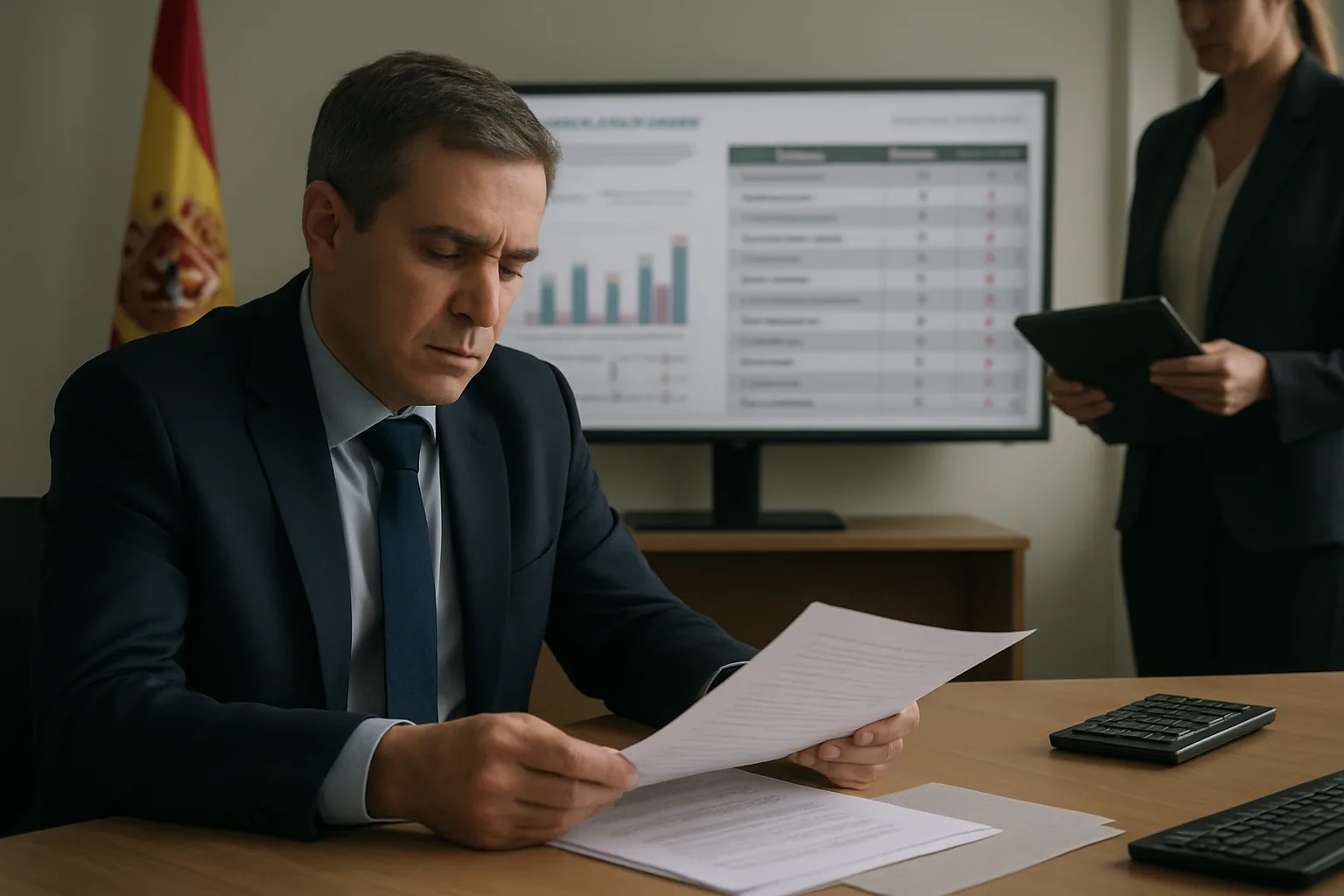 Un funcionario revisa documentos junto a una pantalla con datos de contratación pública en una oficina gubernamental moderna.