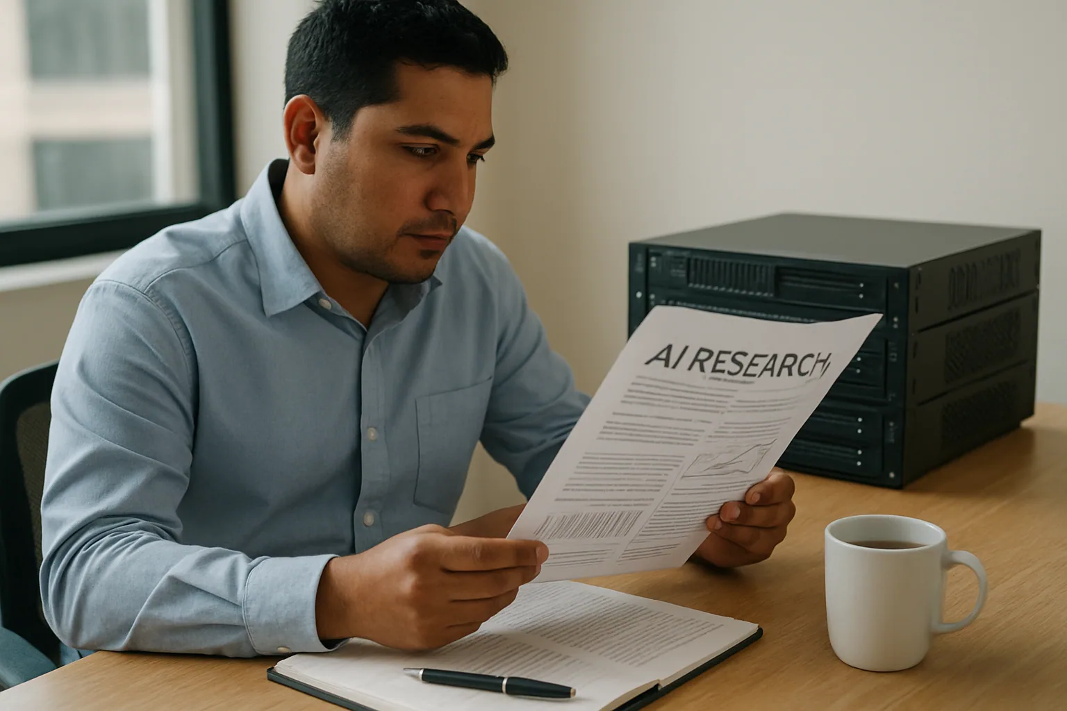 Una persona revisa un informe técnico impreso sobre una mesa de trabajo, con gráficos y notas al lado de un servidor pequeño y una libreta, en una oficina sobria.