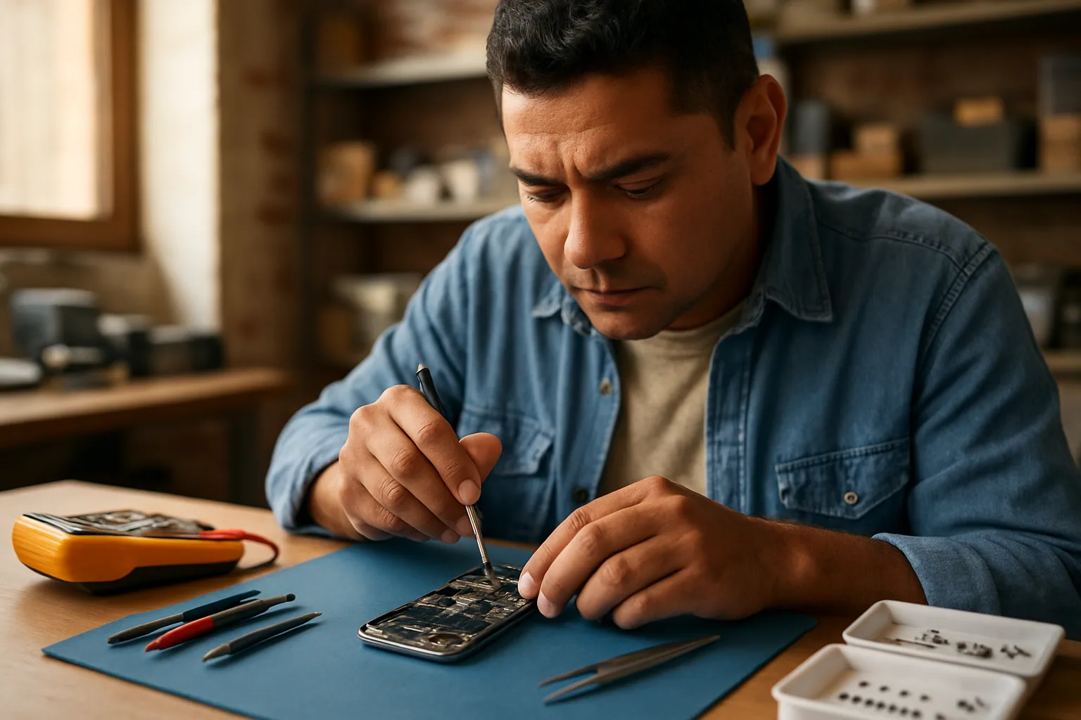 Una técnica revisa una placa electrónica abierta sobre una mesa de taller, con herramientas de reparación y piezas ordenadas alrededor.