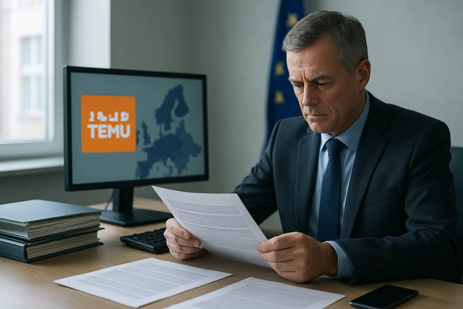 Un funcionario europeo revisa documentos frente a una pantalla con el logo de Temu y mapas de la Unión Europea en una oficina institucional.