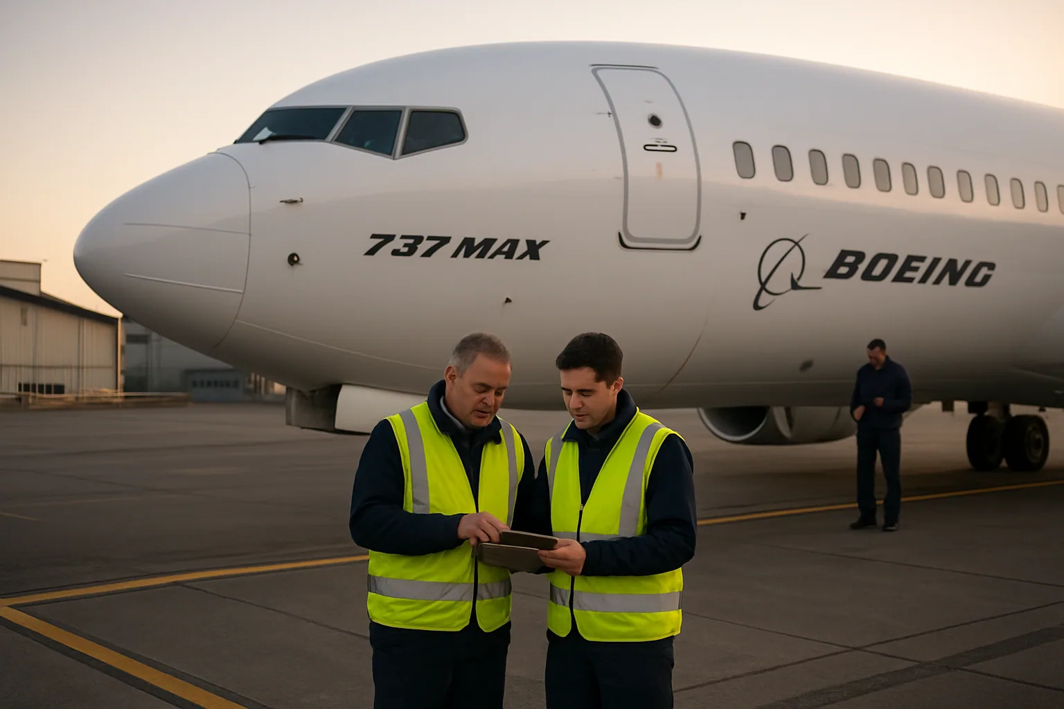 Un avión Boeing 737 MAX en pista con personal de mantenimiento y un inspector de la FAA revisando documentos junto al fuselaje.