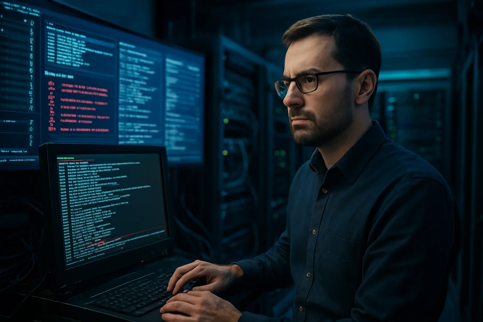 Un administrador de sistemas revisa alertas de seguridad en una consola de servidor Linux dentro de una sala de operaciones con monitores encendidos.