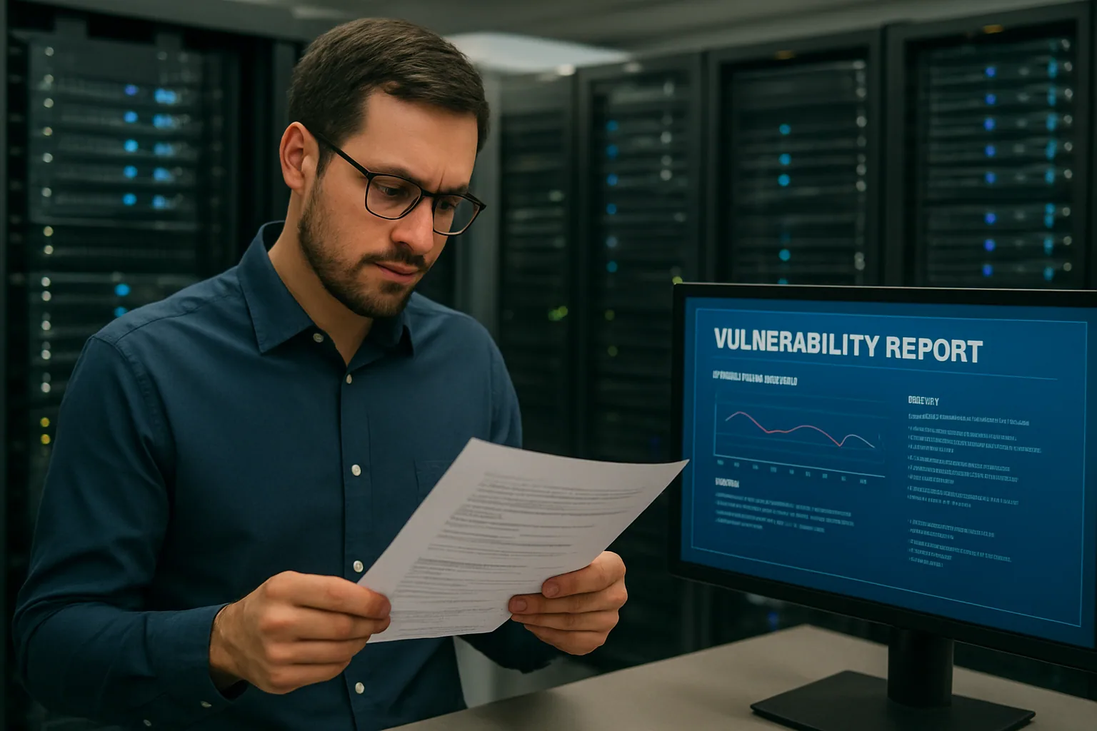 Un ingeniero de seguridad revisa en una pantalla líneas de código y alertas de vulnerabilidad en un entorno de servidor de IA.