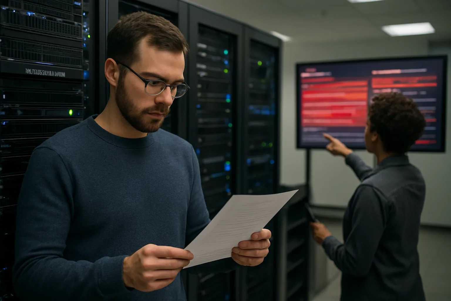 Un equipo de seguridad revisa servidores en una sala de operaciones mientras en una pantalla aparecen alertas de vulnerabilidad en un stack de IA.