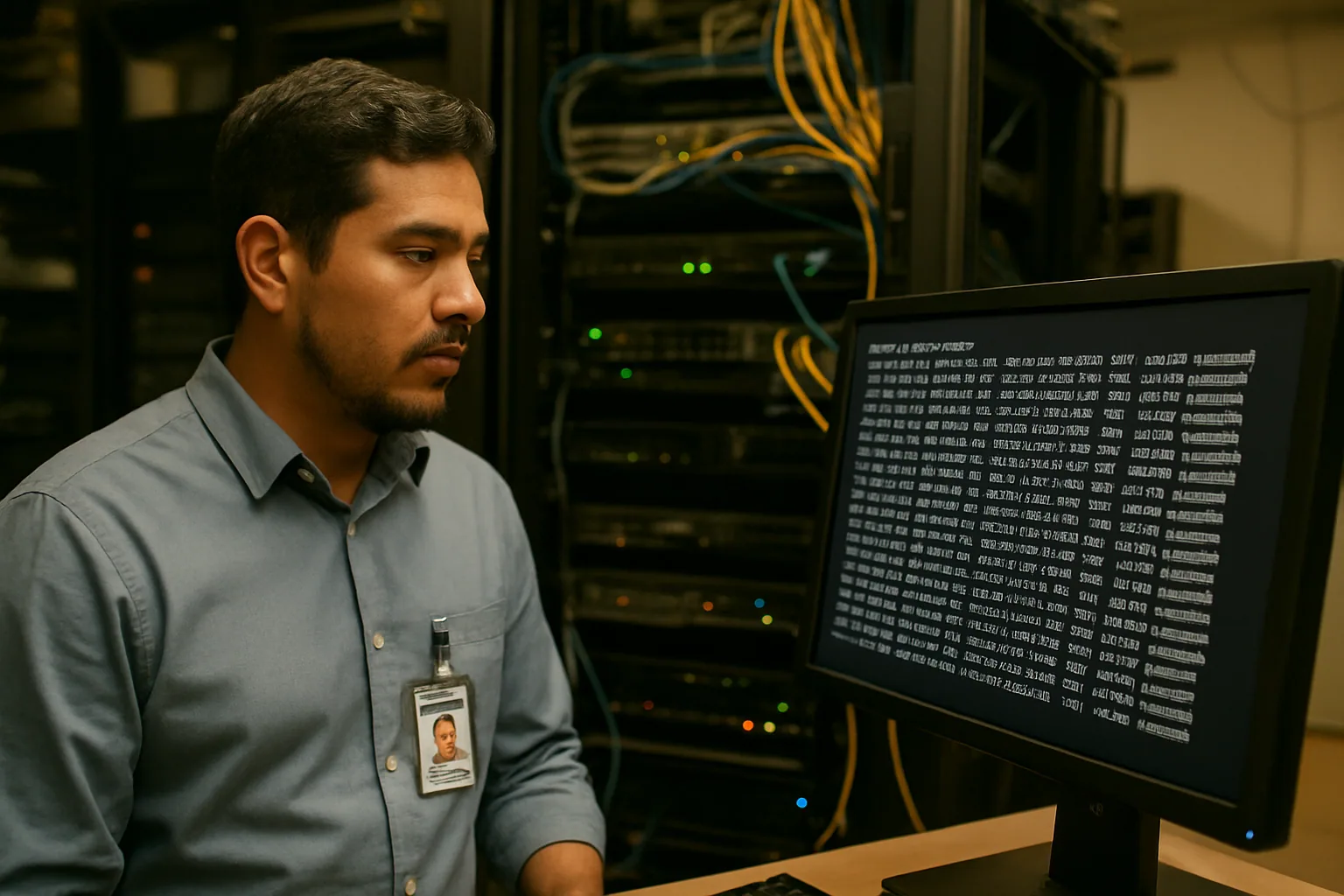 Un administrador revisa una terminal en una pantalla dentro de una sala de servidores, con cables y equipos de red al fondo.