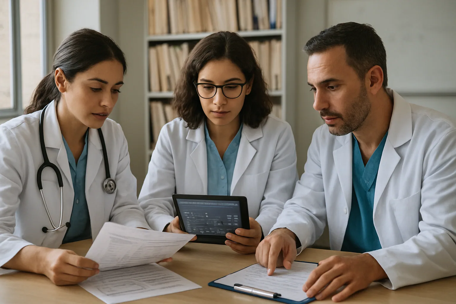 Equipo médico y de investigación revisando expedientes y resultados clínicos en una sala de hospital con una pizarra de datos al fondo.