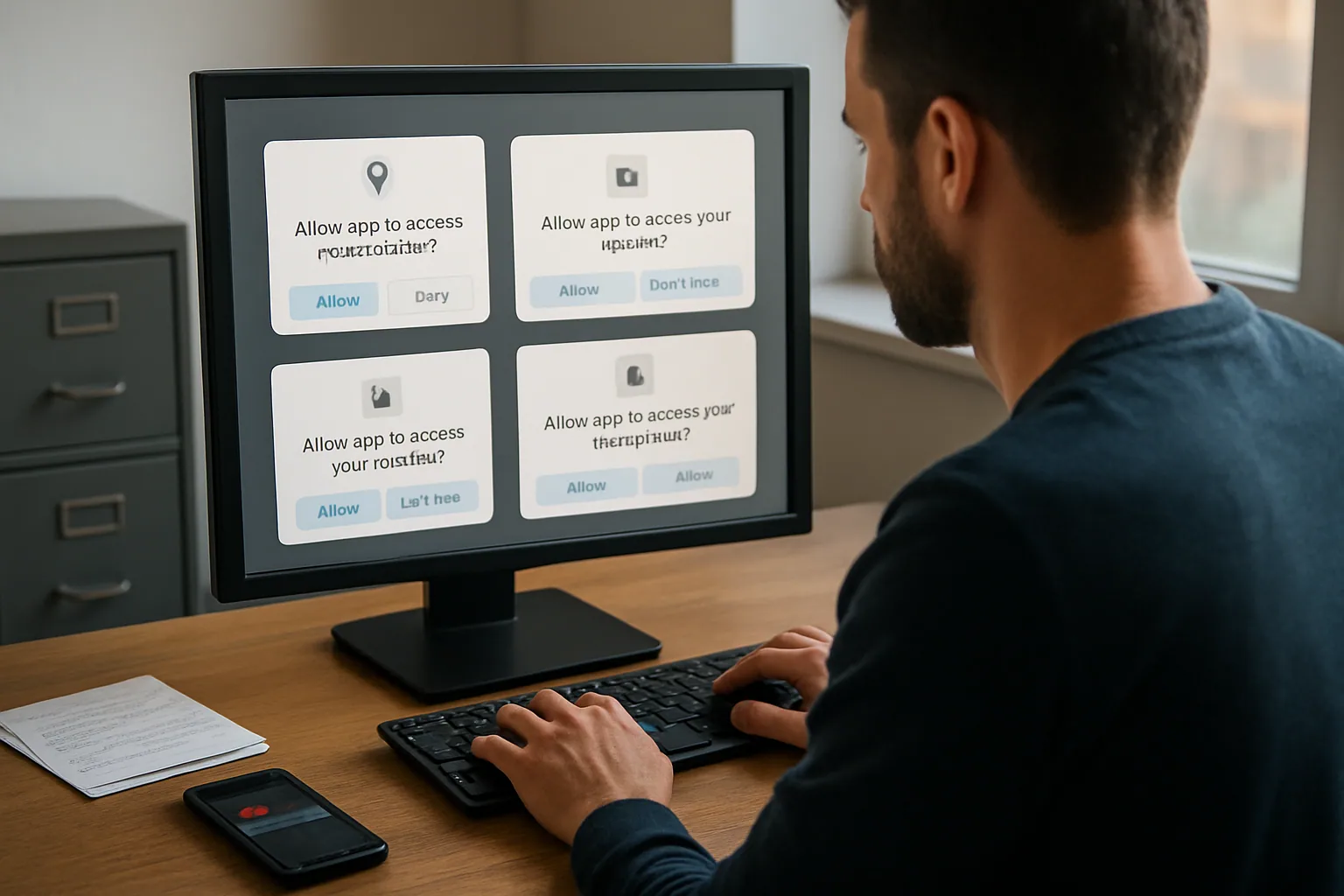 Una persona frente a una pantalla con varias ventanas de permisos abiertas mientras revisa archivos y notificaciones de acciones automáticas.