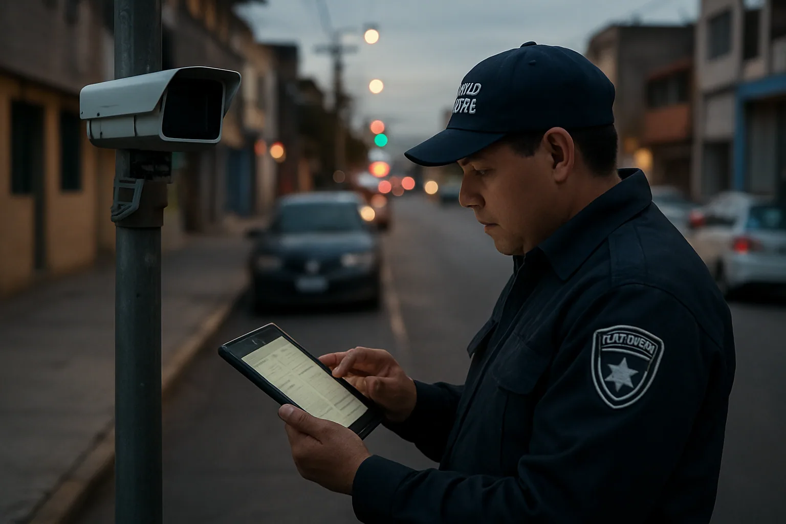 Un agente de seguridad observa una pantalla con registros de placas junto a una cámara lectora instalada en un poste urbano.