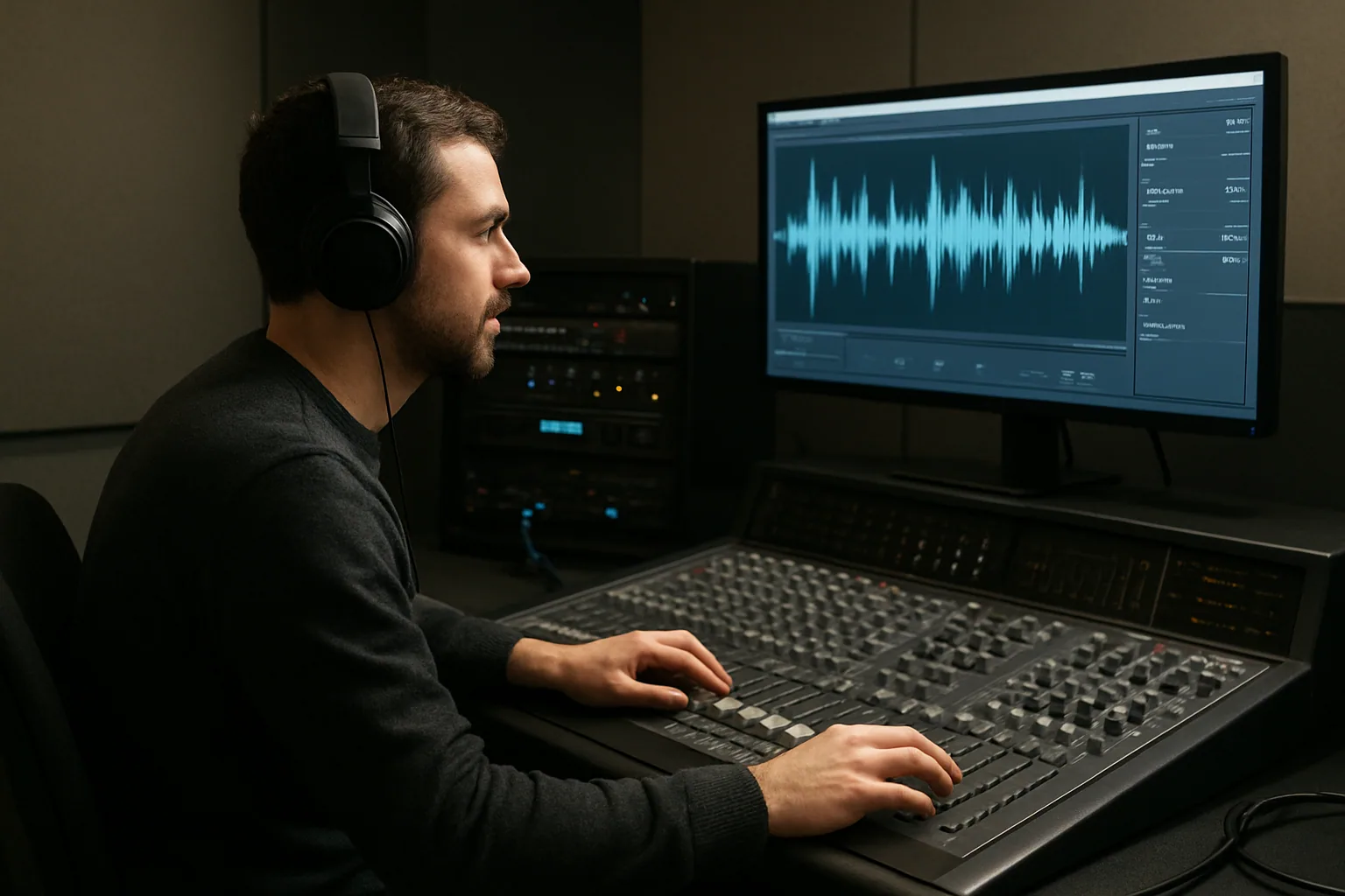 Un ingeniero de audio revisa una sesión de postproducción en una sala de edición con medidores, auriculares y una consola de mezcla.