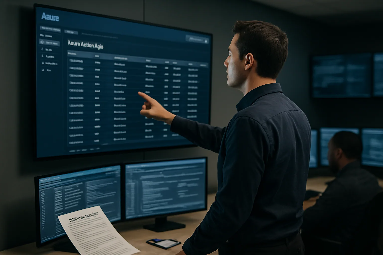Un equipo de seguridad revisa alertas en una sala de operaciones mientras en una pantalla se ven paneles de Azure y registros de acceso.