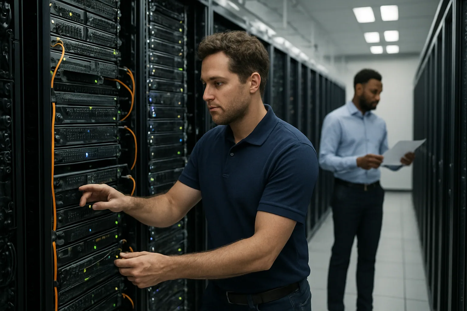 Tres racks de servidores GPU en un centro de datos, con un técnico revisando cableado y pantallas de monitoreo al fondo.
