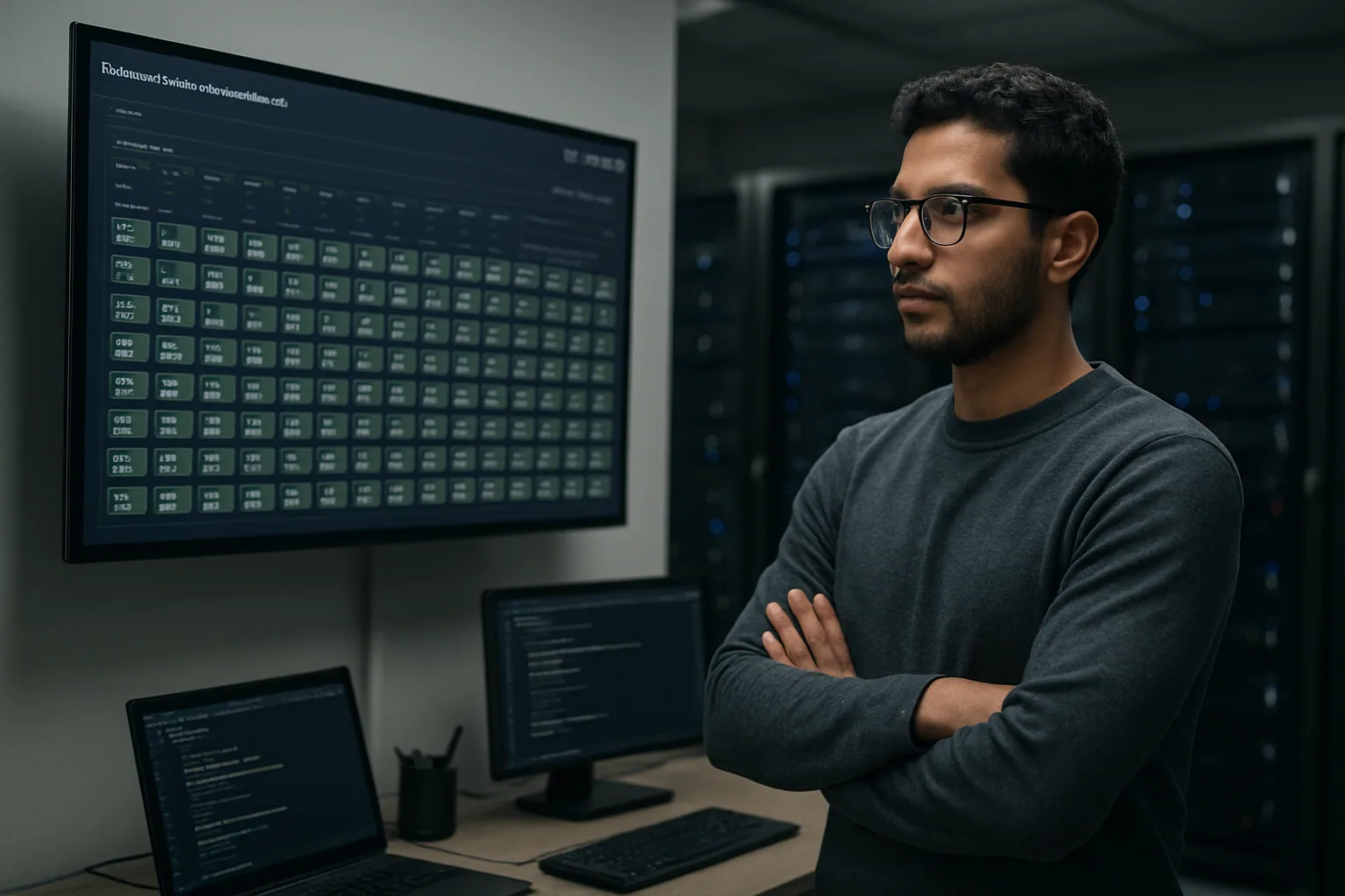 Un ingeniero revisa métricas en una sala de servidores mientras en una pantalla se ve un panel de orquestación de microVMs para browsers.