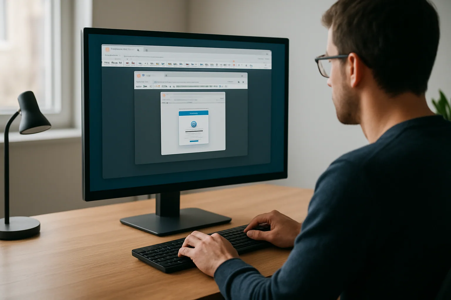 Una persona revisa en un monitor de escritorio una sesión de Firefox ejecutándose dentro de una ventana del navegador en una oficina técnica.