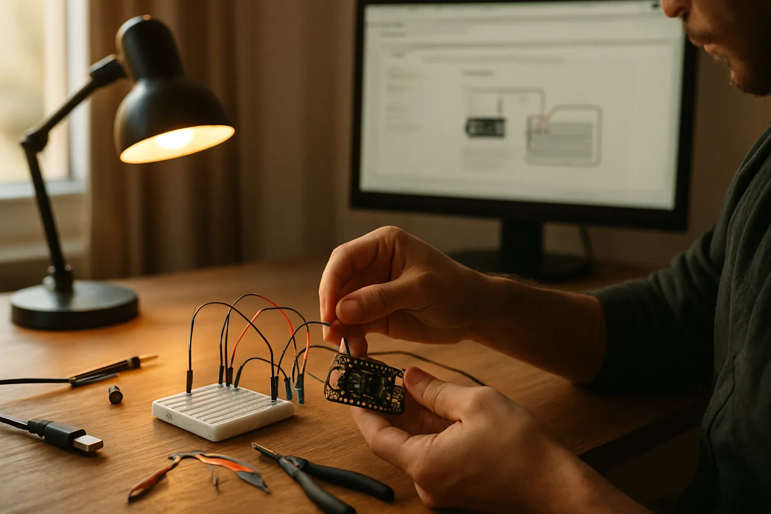 Una persona arma un proyecto electrónico con una placa Adafruit, cables jumper y una mesa de trabajo con herramientas maker, mientras mira una pantalla con Firefox abierto.
