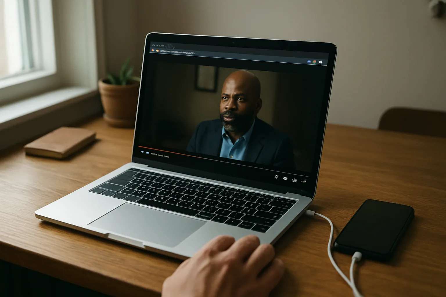 Una laptop delgada reproduciendo video en Firefox mientras se ve una gráfica de uso de energía en una mesa de trabajo real.