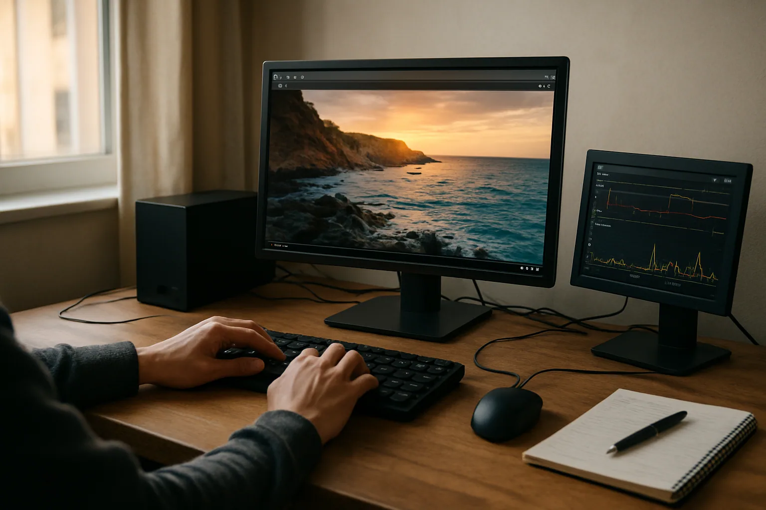Una persona usando una computadora de escritorio con Linux en un escritorio sencillo, mientras reproduce video en Firefox y revisa métricas de consumo en pantalla secundaria.