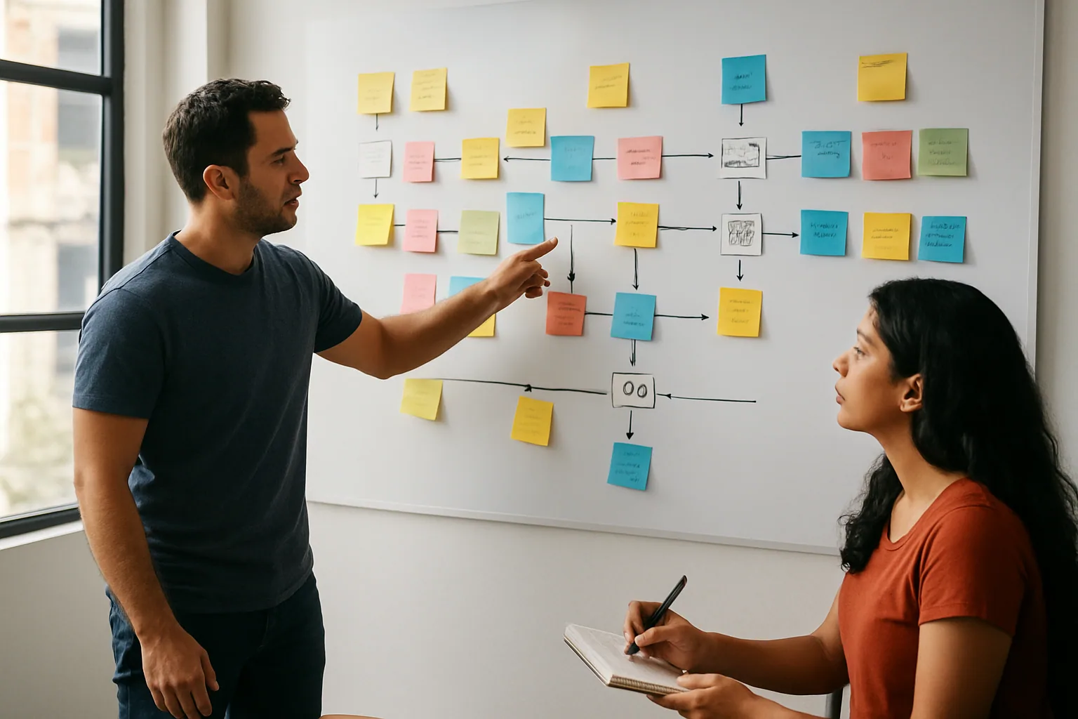 Una persona revisa en una sala de reuniones un tablero con diagramas de flujo y tarjetas conectadas que representan decisiones de un agente de IA.