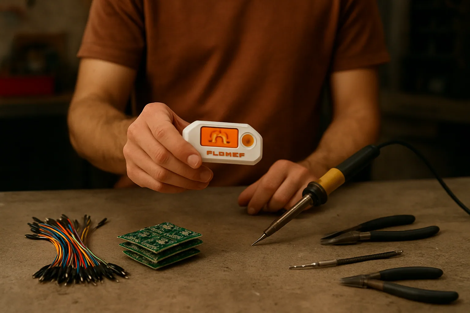 Una persona sostiene un Flipper Zero junto a una mesa de trabajo con placas electrónicas, cables y herramientas de laboratorio.