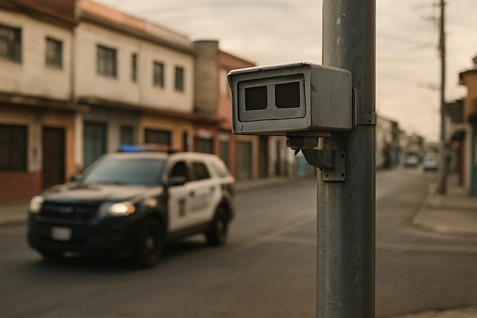 Una cámara de lectura de placas montada en un poste de calle urbana mientras un patrullero pasa al fondo en una avenida de barrio.