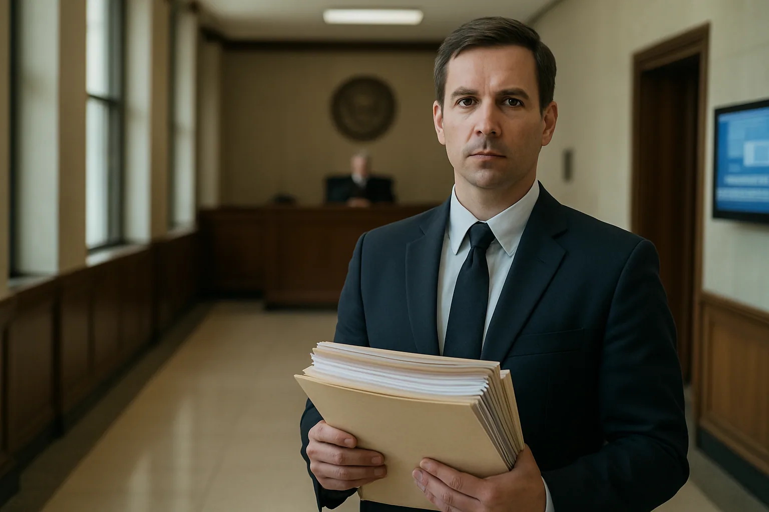 Una sala de tribunal en Florida con una balanza de justicia al frente y una pantalla mostrando el nombre de OpenAI al fondo, en una escena editorial realista.