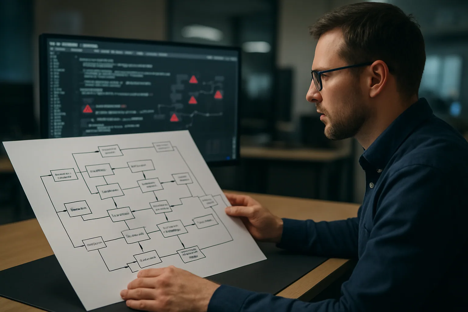Una persona revisa en una pantalla un diagrama de flujos de IA con nodos conectados, mientras otra terminal muestra alertas de seguridad y registros de ejecución.