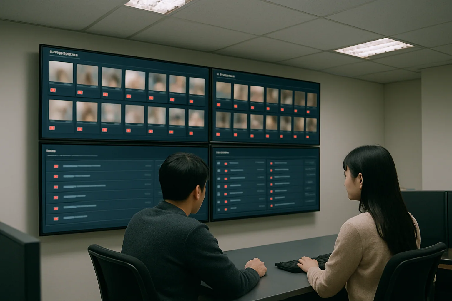 Una persona revisa imágenes en una pantalla de control mientras otra observa métricas de moderación en una oficina de seguridad digital.
