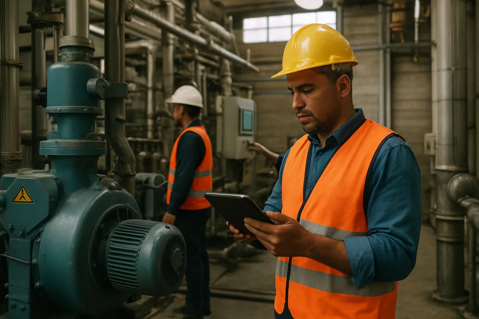 Un técnico de mantenimiento revisa una máquina industrial en una planta, con una tablet en la mano y paneles de control al fondo.