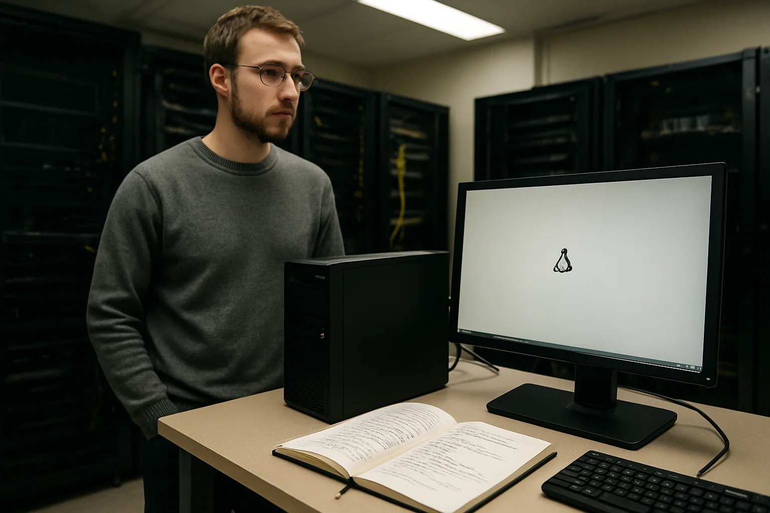 Una terminal de Linux abierta junto a un monitor con una sesión gráfica mínima en un escritorio técnico, con una placa y cables visibles sobre la mesa.