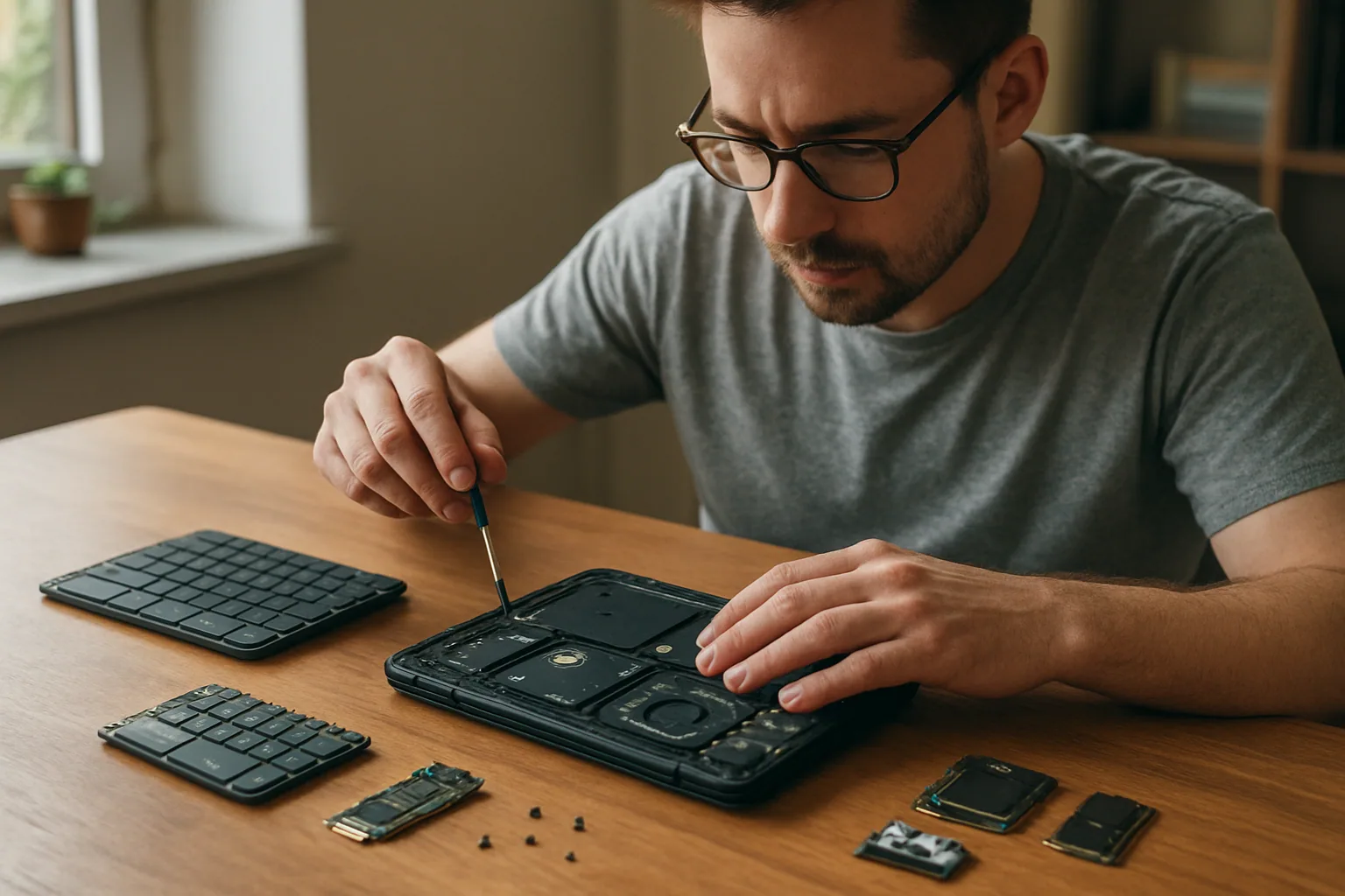 Una persona sostiene una laptop Framework abierta sobre una mesa de trabajo con herramientas, tornillos y módulos de repuesto al lado.