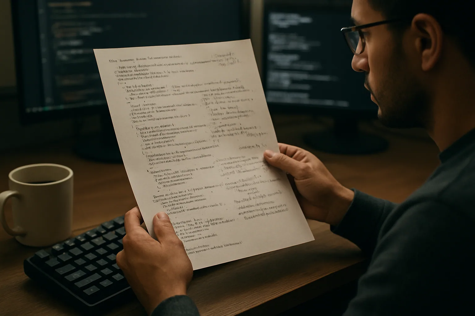 Una persona revisa una impresión con código C muy denso junto a una terminal en una mesa de trabajo, con notas técnicas alrededor y luz de estudio suave.