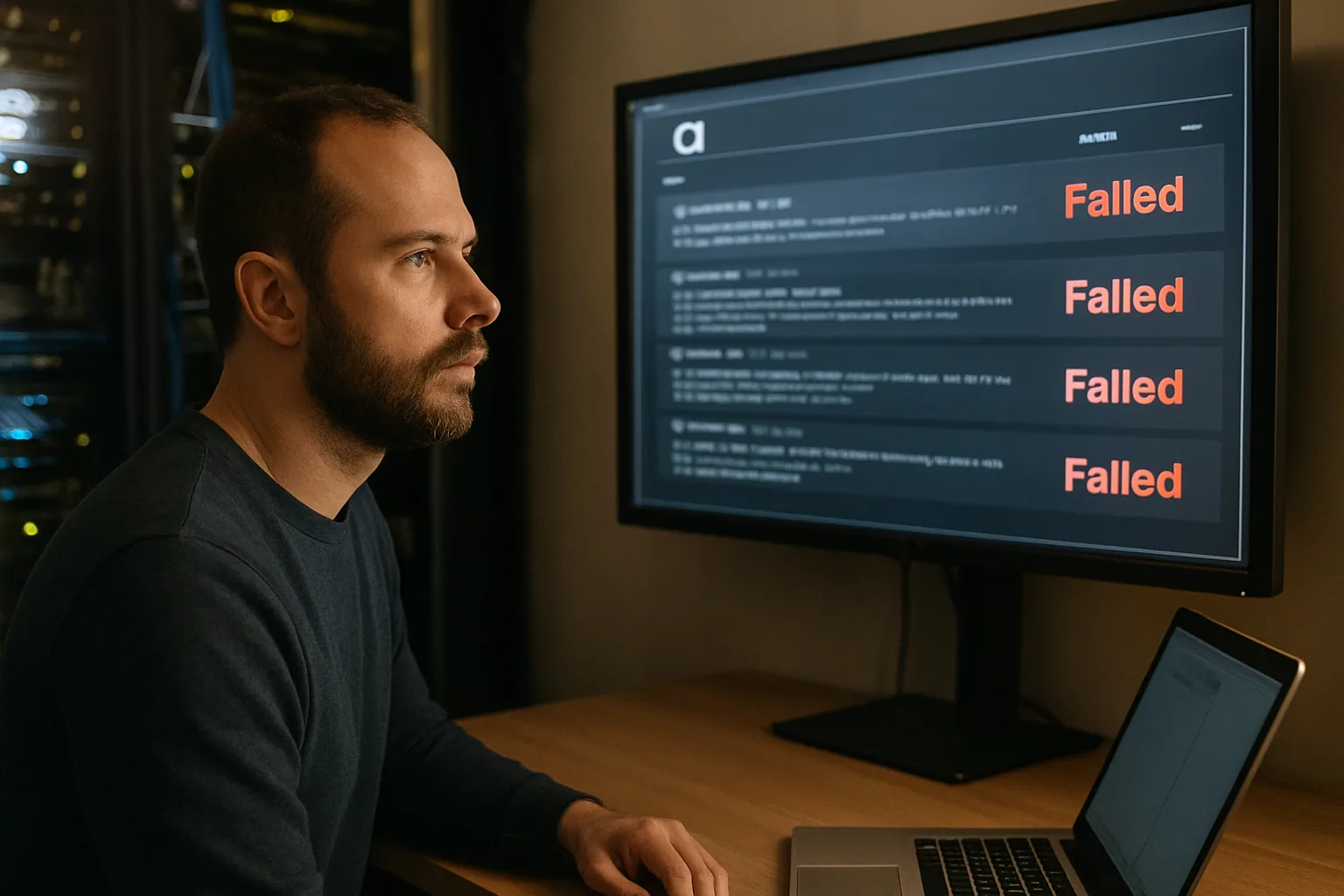 Una persona revisa en una pantalla de servidor un panel de CI con pipelines de Nix fallando en una sala de operaciones técnica.