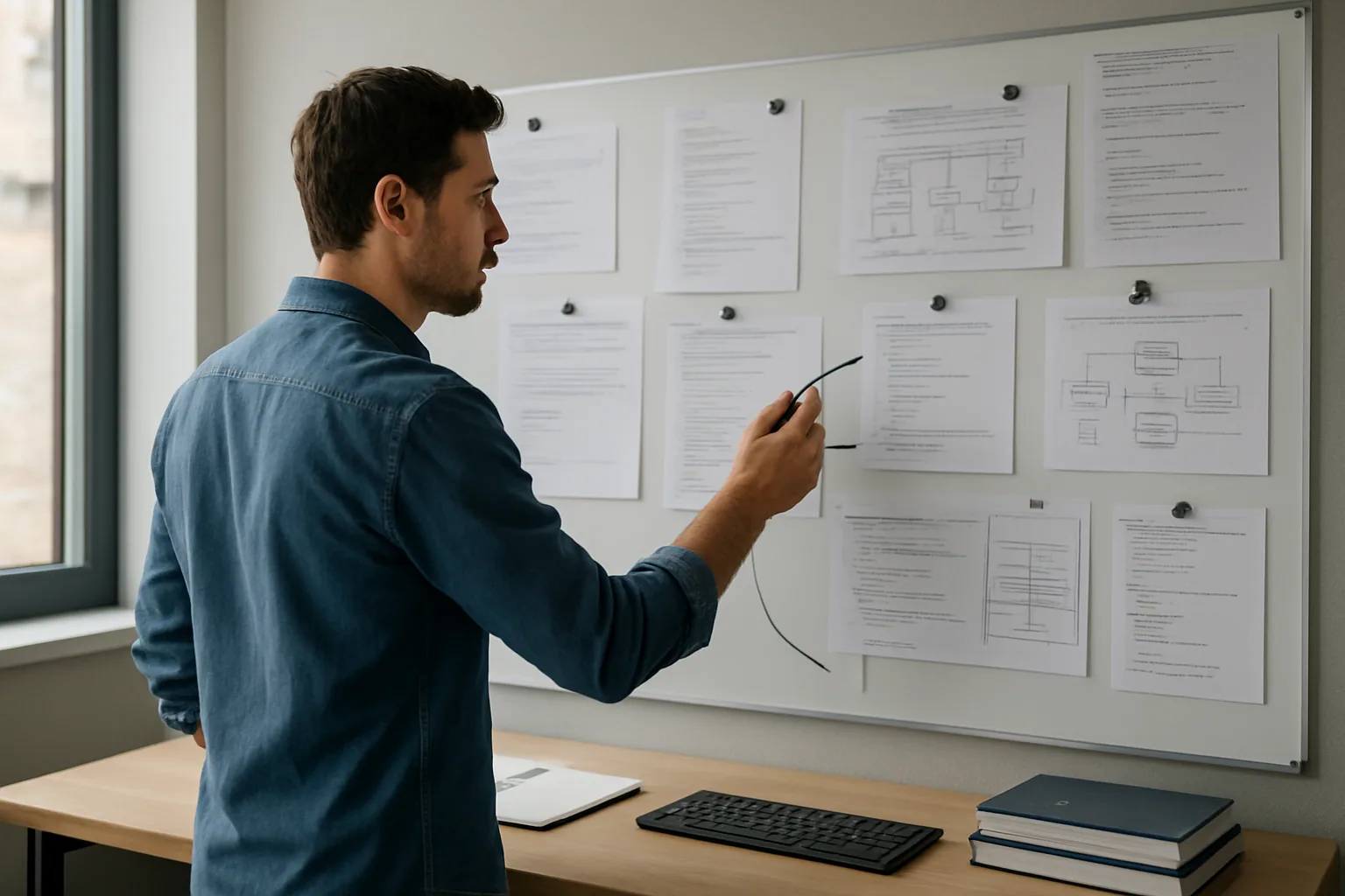 Una persona revisa un muro con impresiones de código, notas y documentos técnicos en una sala de trabajo iluminada por luz natural.