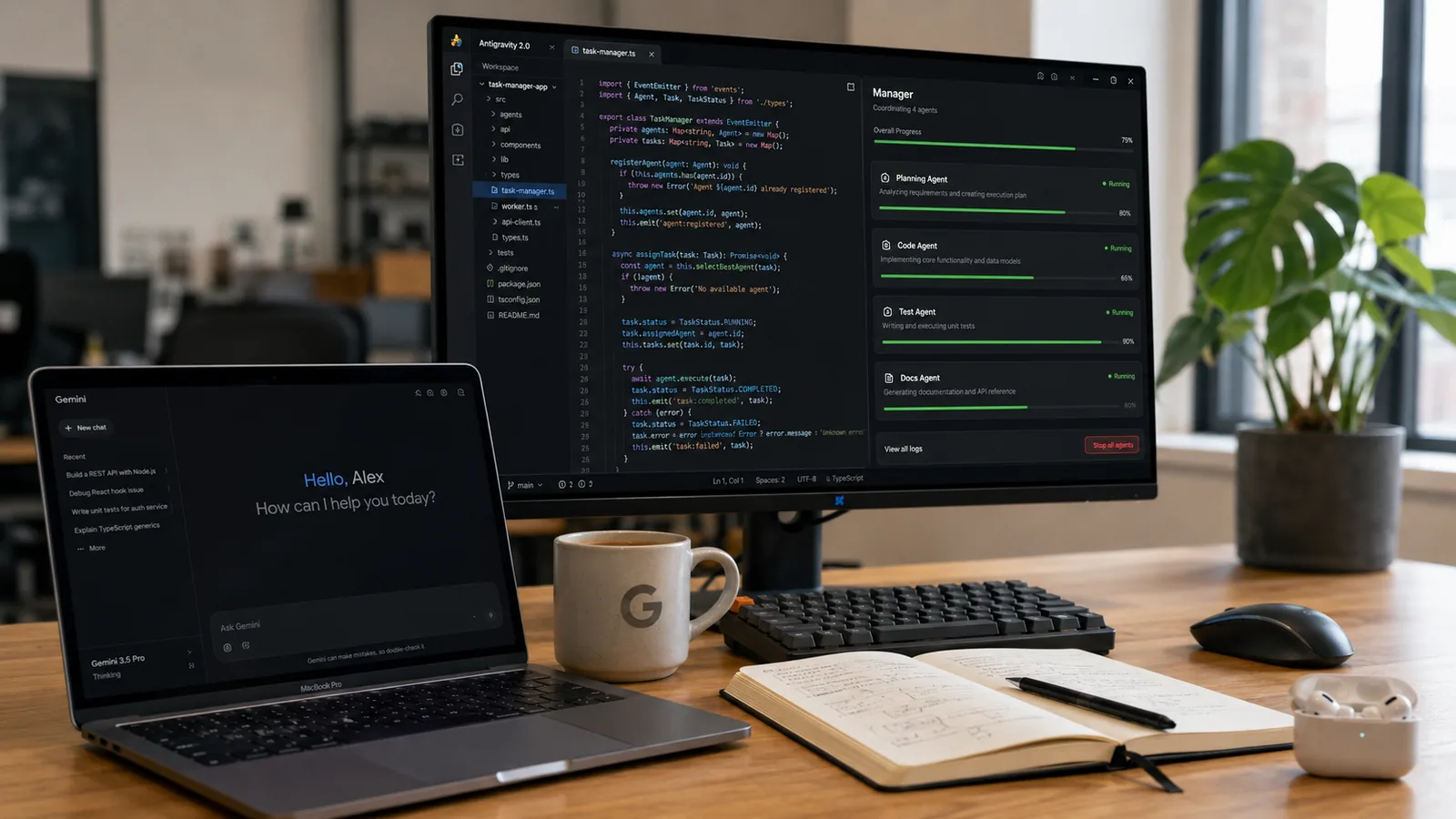 Pantalla del IDE Antigravity 2.0 ejecutando Gemini 3.5 Flash con varios subagentes corriendo en paralelo sobre escritorio de developer