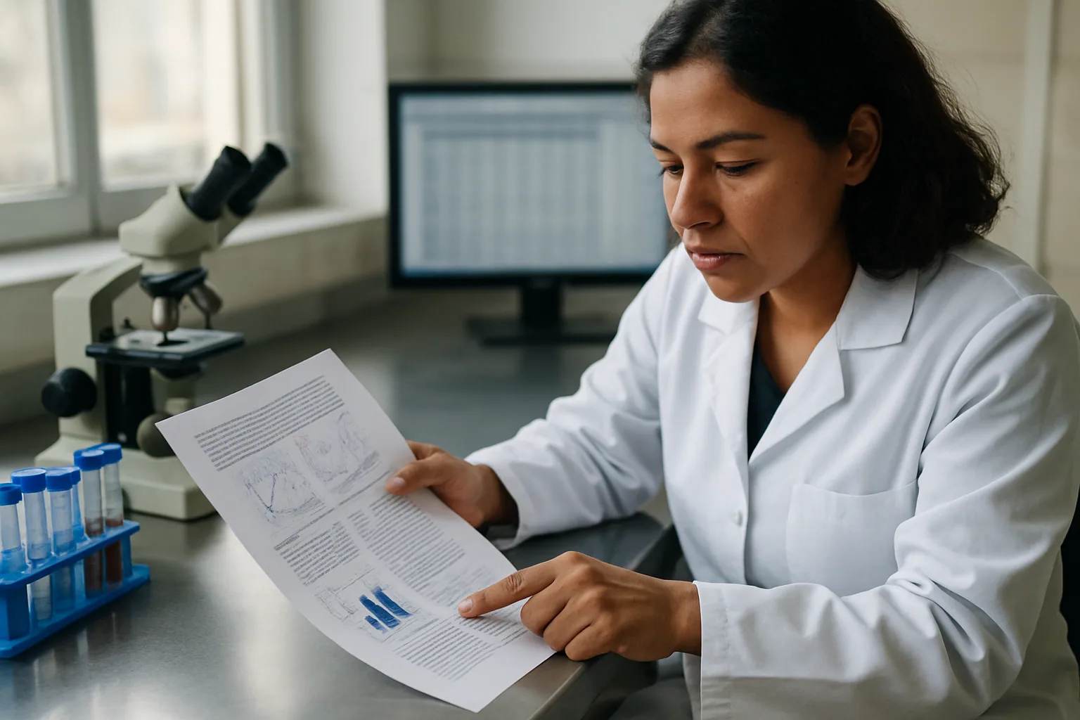 Una investigadora revisa gráficos y artículos científicos impresos en una mesa de laboratorio mientras un monitor al fondo muestra una interfaz de análisis de datos.