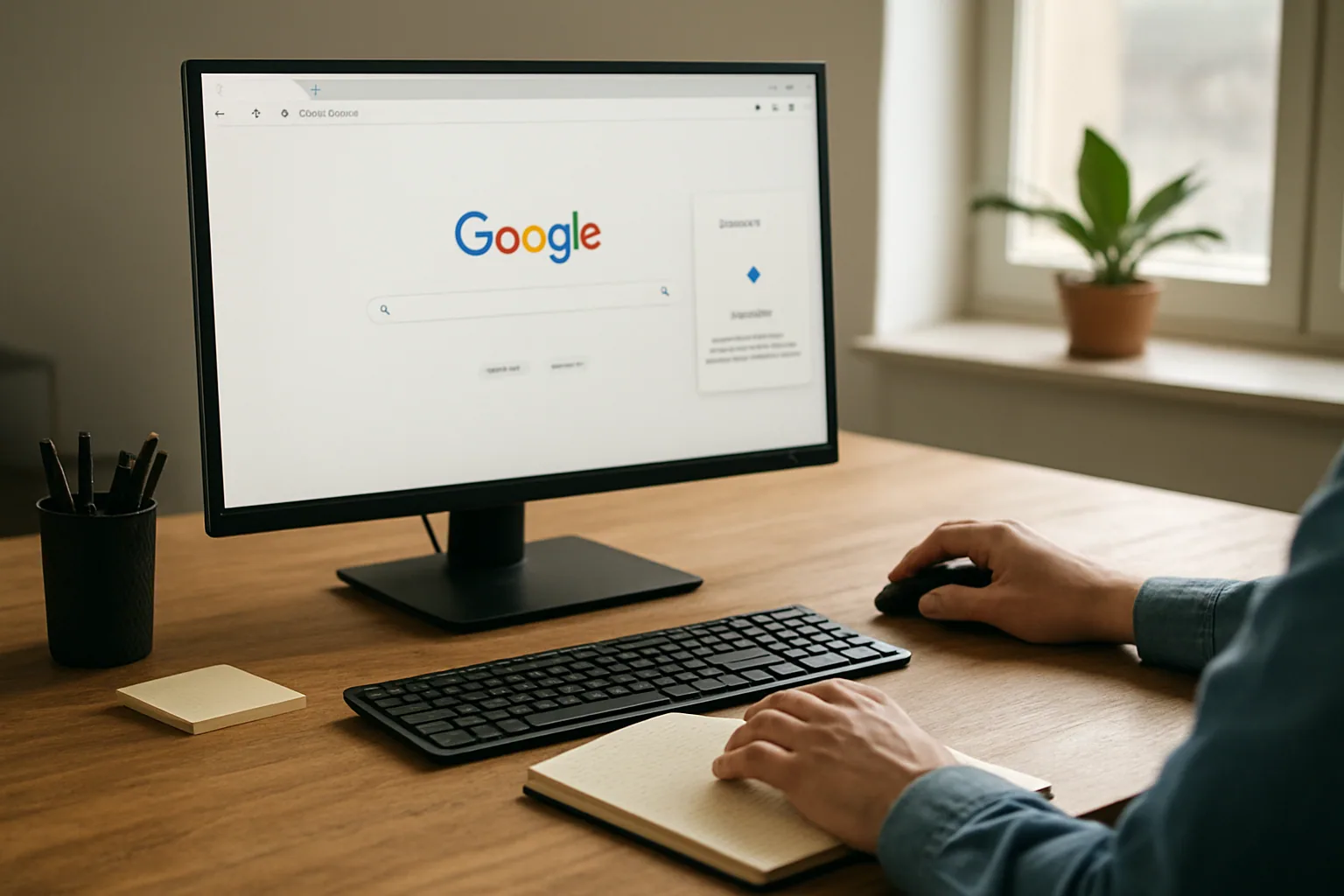 Una persona usa Google Chrome en una oficina mientras en otra pantalla se ve Gemini integrado en el navegador con un panel lateral de asistencia.