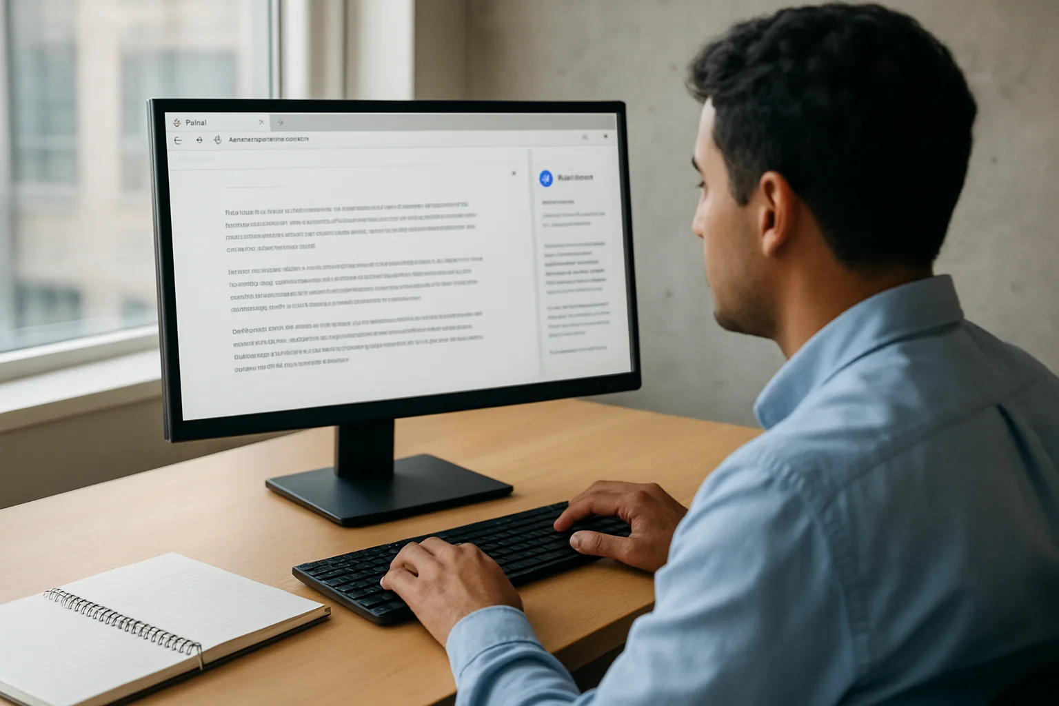 Una persona revisa Chrome en un escritorio de oficina mientras usa funciones de IA para resumir una página y organizar tareas.