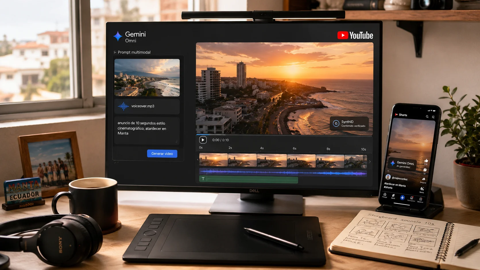 Editor de video de Gemini Omni mostrando un prompt multimodal con imagen, audio y texto generando un clip de 10 segundos