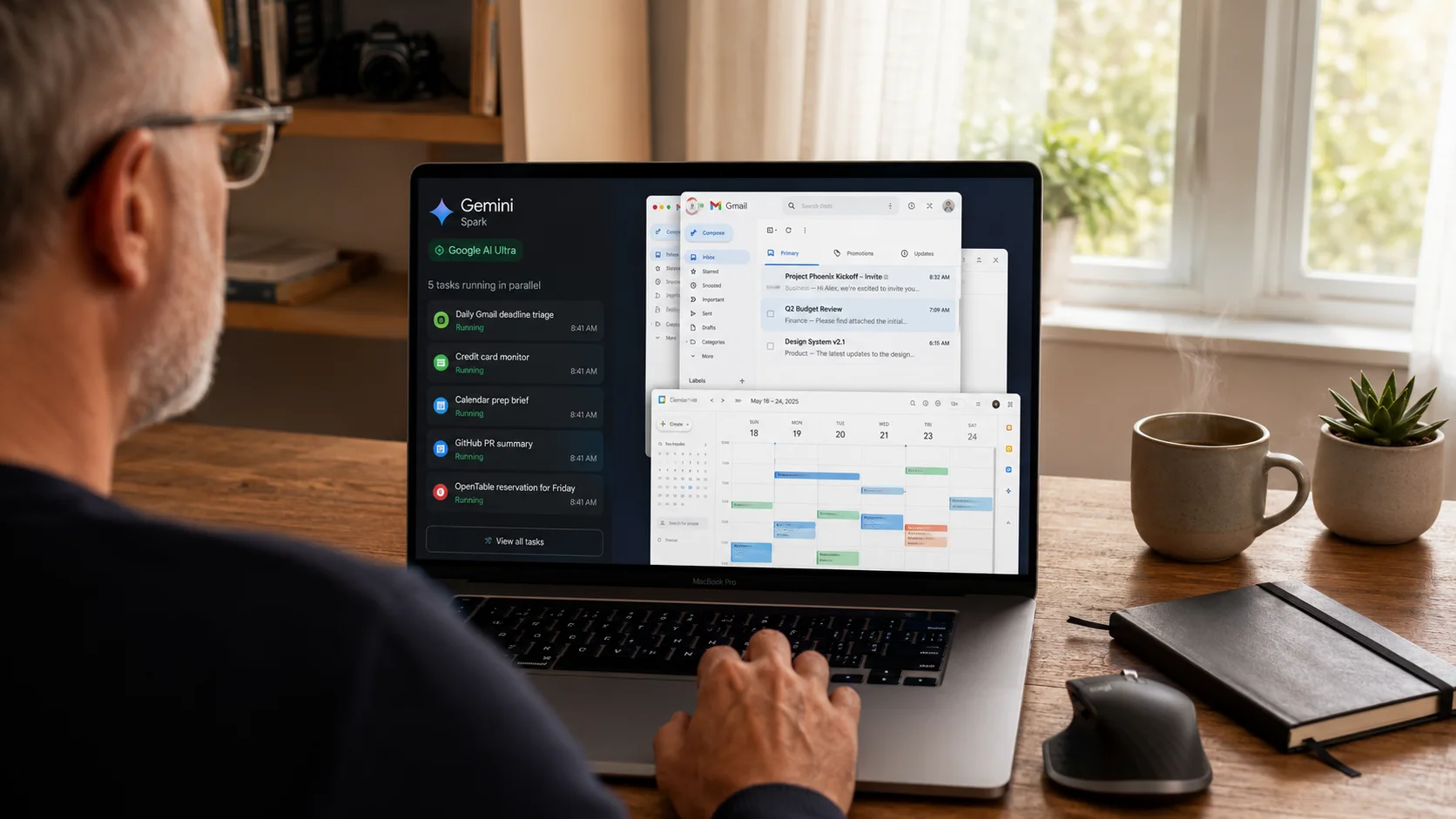 Dashboard de Gemini Spark mostrando tareas recurrentes corriendo en paralelo sobre Gmail y Google Calendar