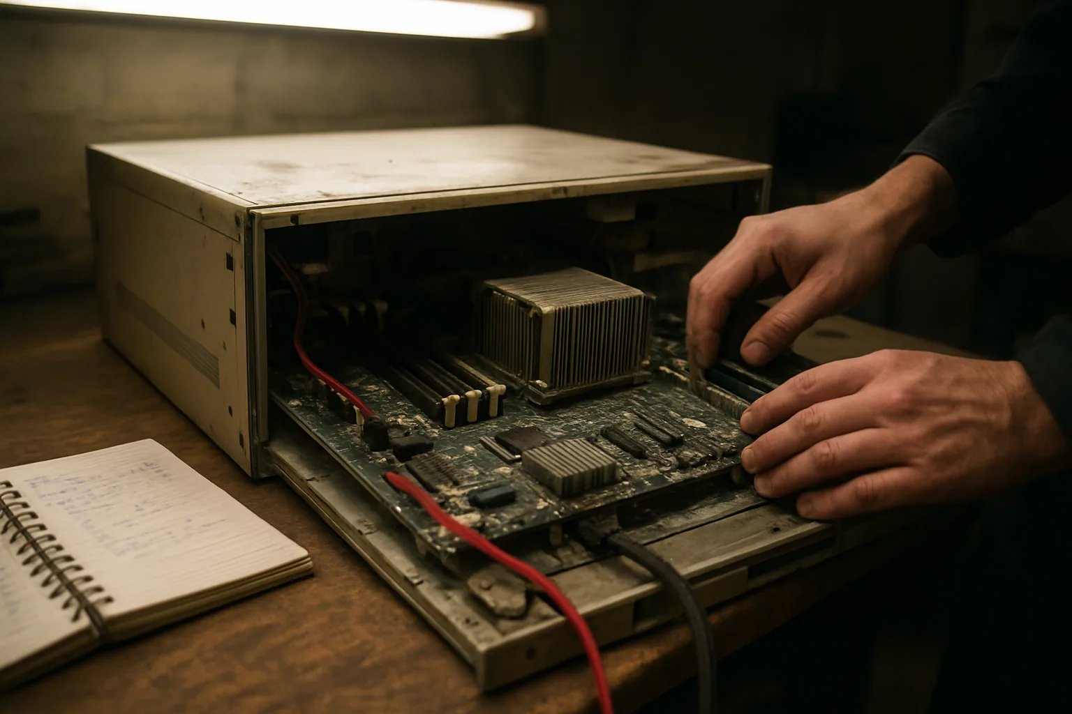 Un servidor viejo con chasis beige y ventiladores visibles junto a una placa Xeon en una mesa de trabajo, con cables y herramientas de laboratorio alrededor.