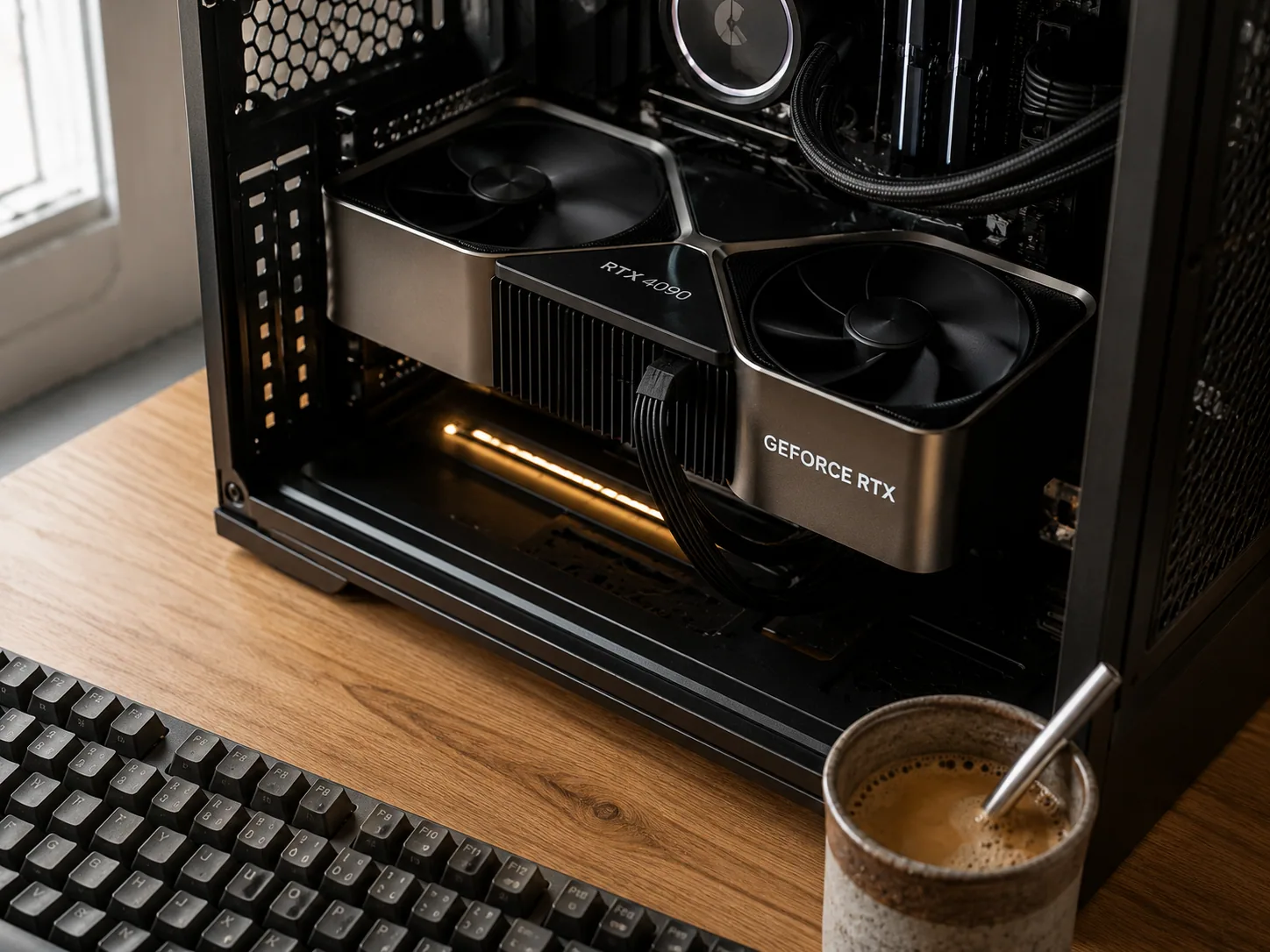 Una RTX 4090 instalada en una workstation abierta sobre un escritorio de madera con luz natural, simbolizando que la IA puede correr en hardware accesible sin depender de la nube